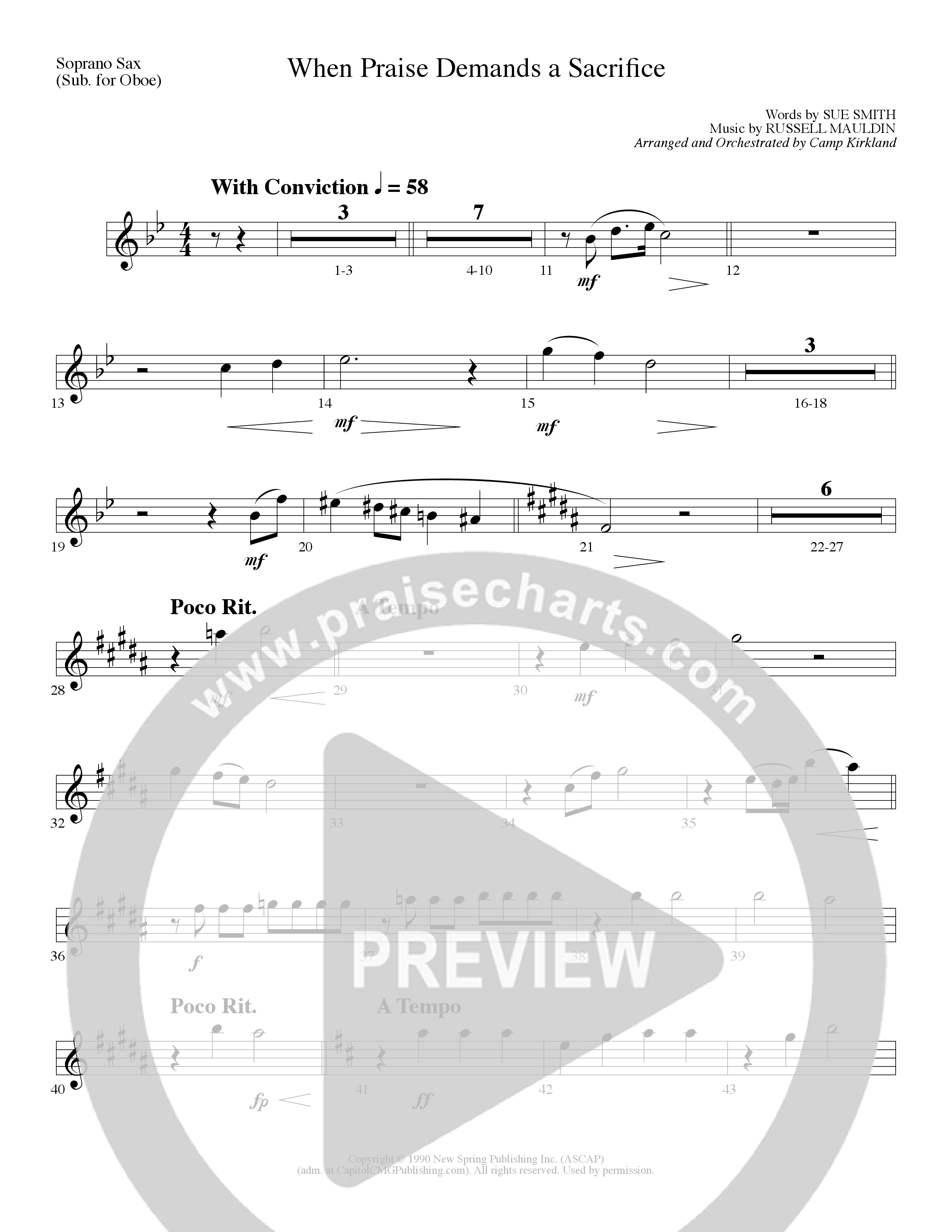 When Praise Demands A Sacrifice (Choral Anthem SATB) Soprano Sax (Lillenas Choral / Arr. Camp Kirkland)