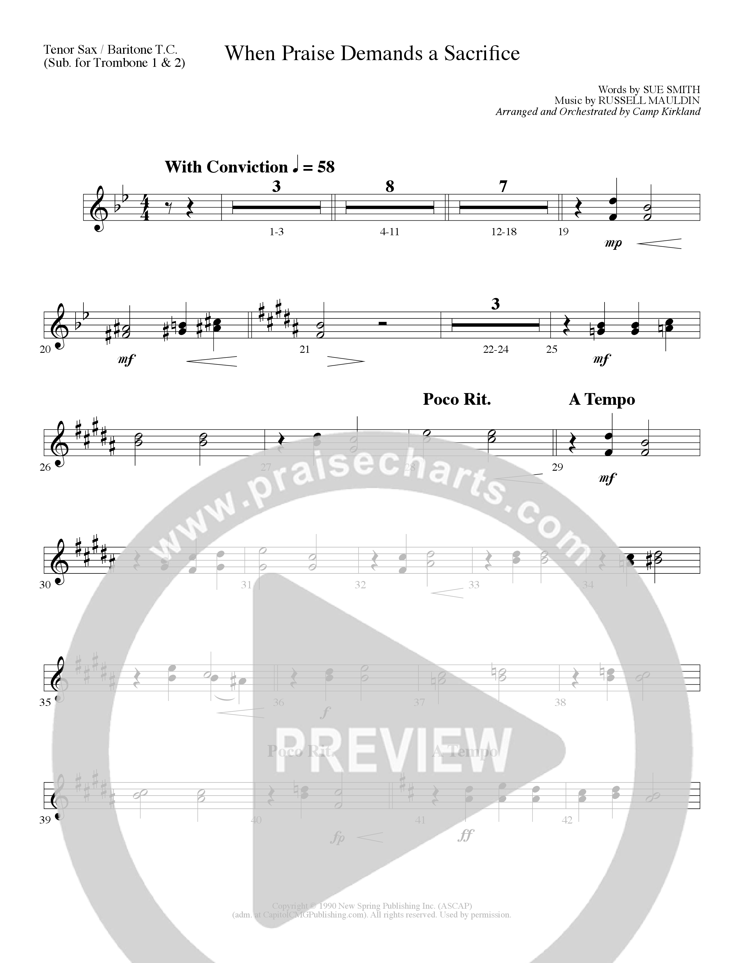 When Praise Demands A Sacrifice (Choral Anthem SATB) Tenor Sax/Baritone T.C. (Lillenas Choral / Arr. Camp Kirkland)