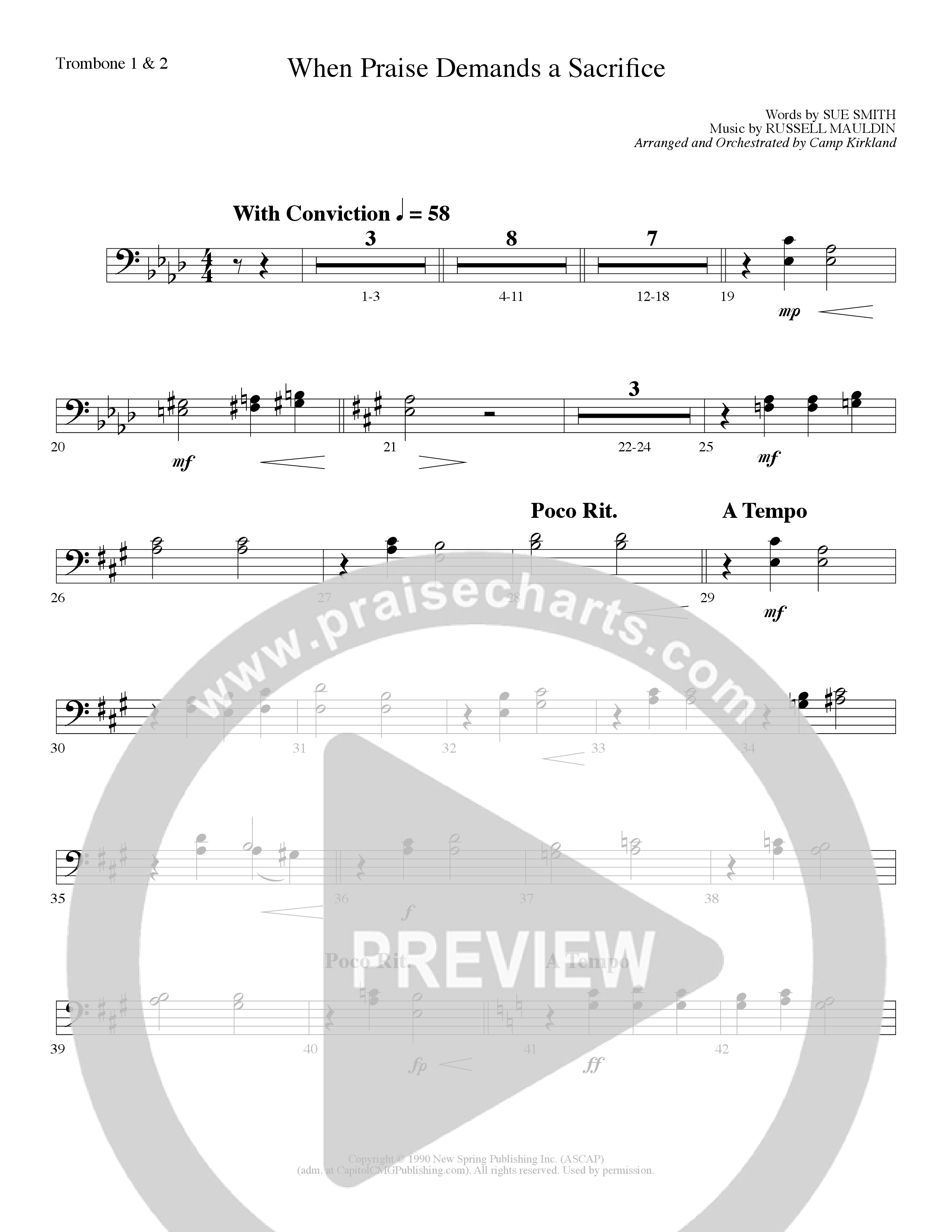 When Praise Demands A Sacrifice (Choral Anthem SATB) Trombone 1/2 (Lillenas Choral / Arr. Camp Kirkland)