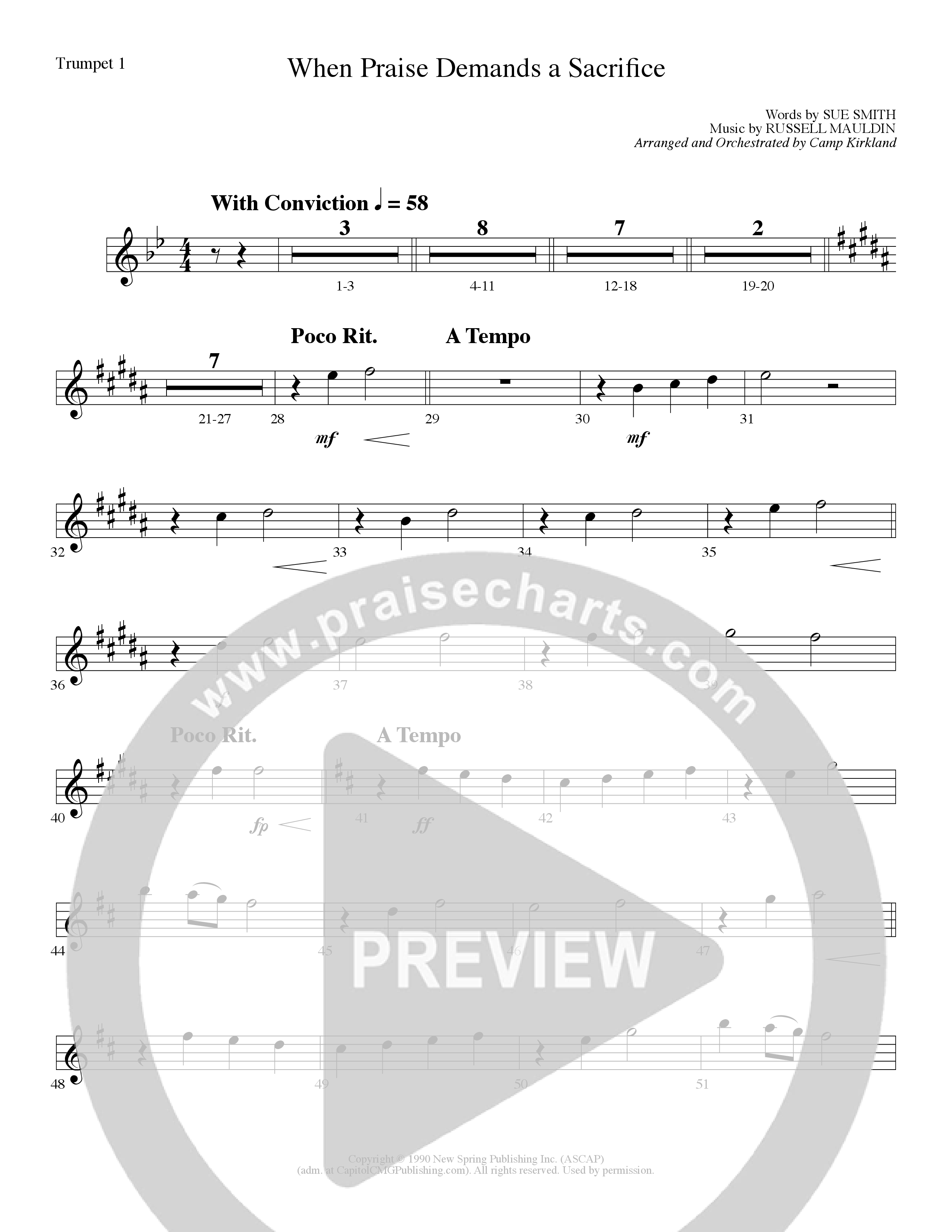 When Praise Demands A Sacrifice (Choral Anthem SATB) Trumpet 1 (Lillenas Choral / Arr. Camp Kirkland)