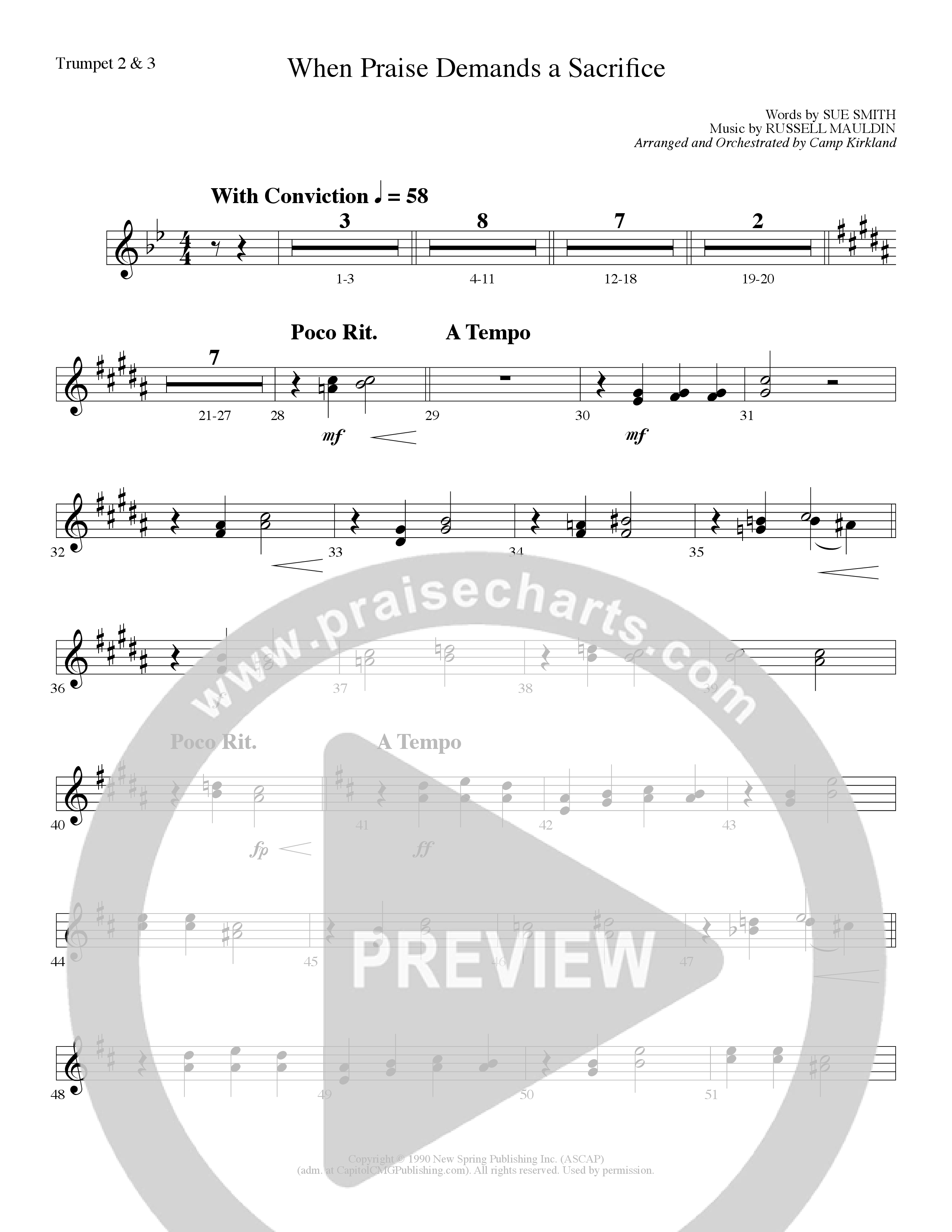 When Praise Demands A Sacrifice (Choral Anthem SATB) Trumpet 2/3 (Lillenas Choral / Arr. Camp Kirkland)