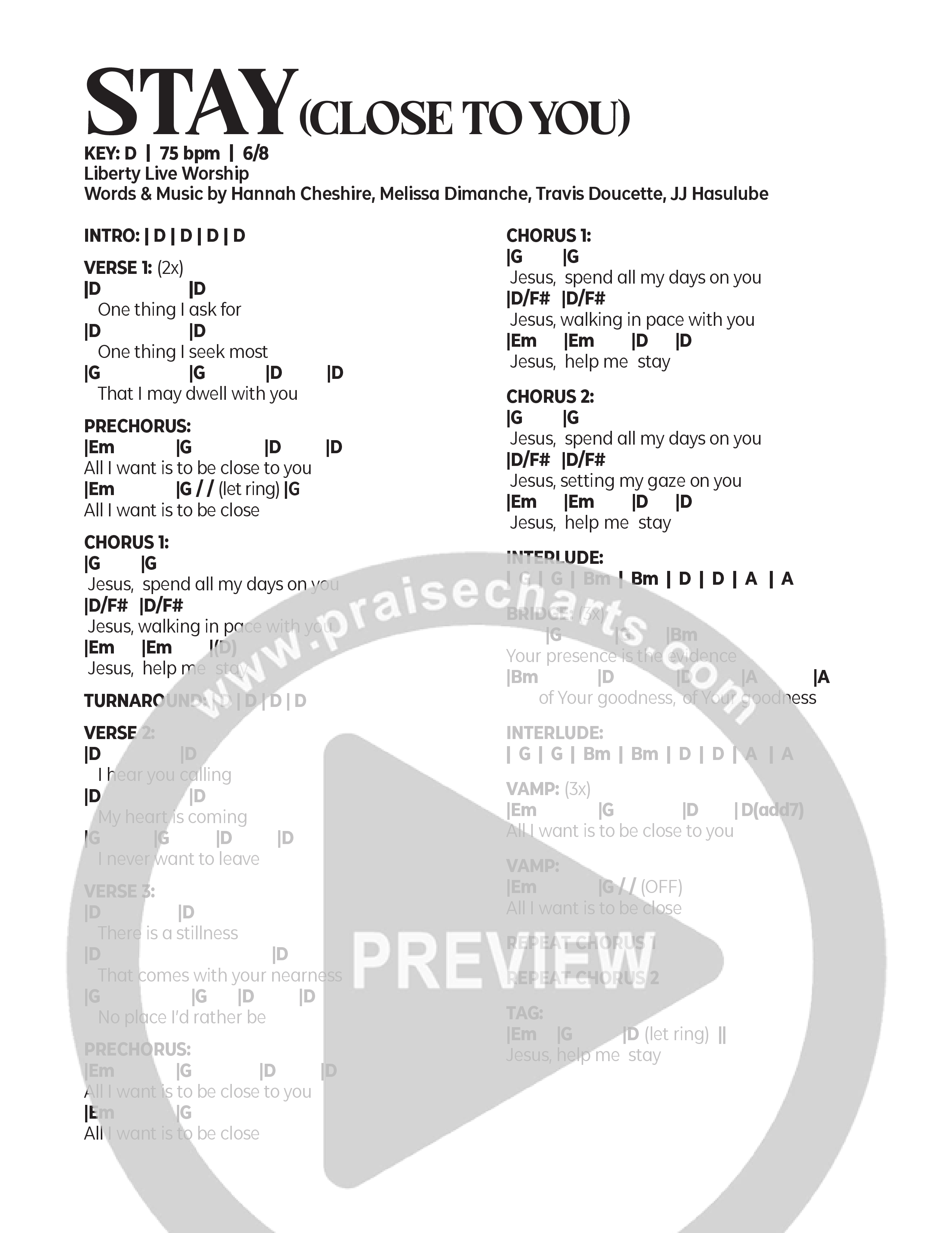 Stay (Close to You) Chord Chart (Liberty Live Worship)