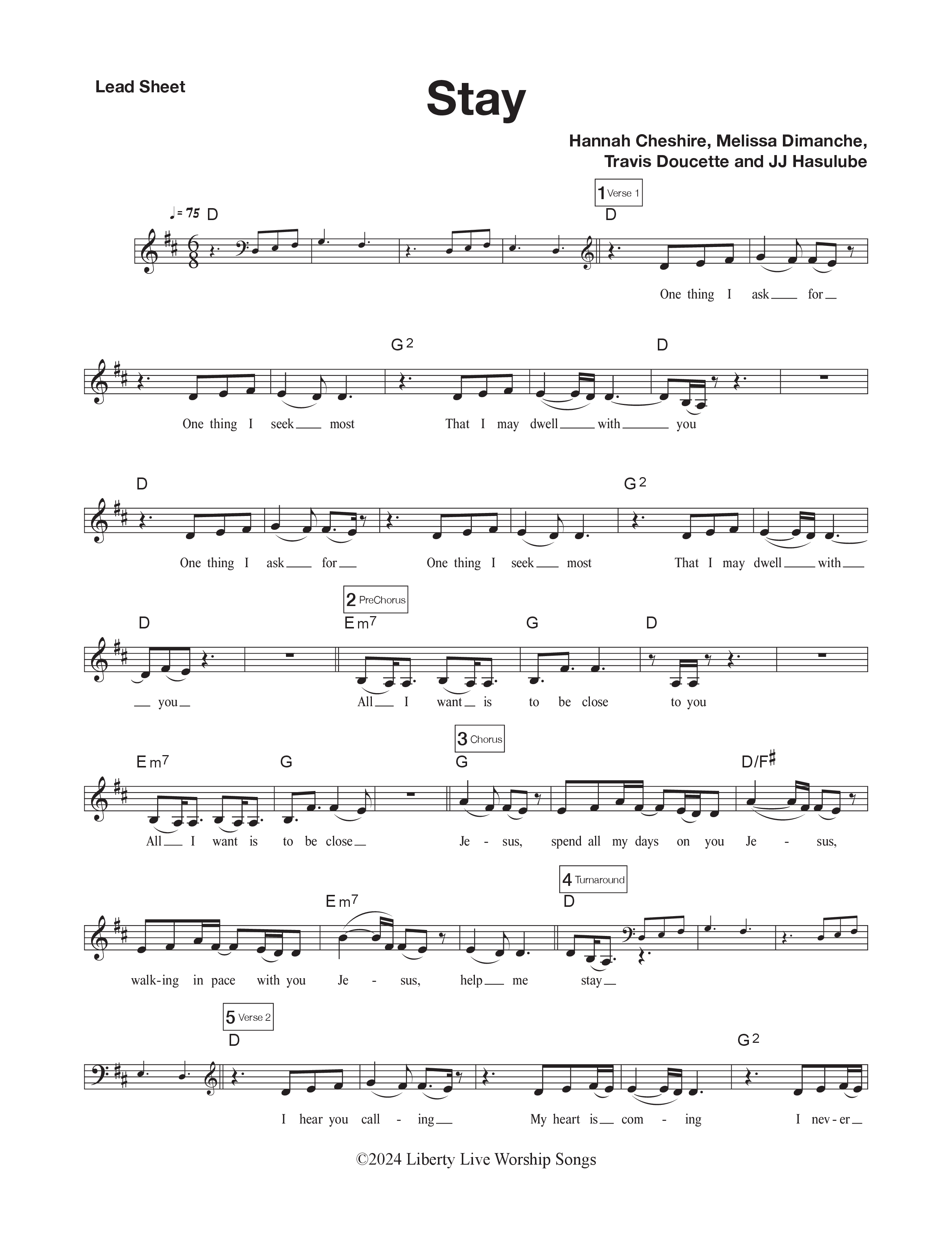 Stay (Close to You) Lead Sheet Melody (Liberty Live Worship)