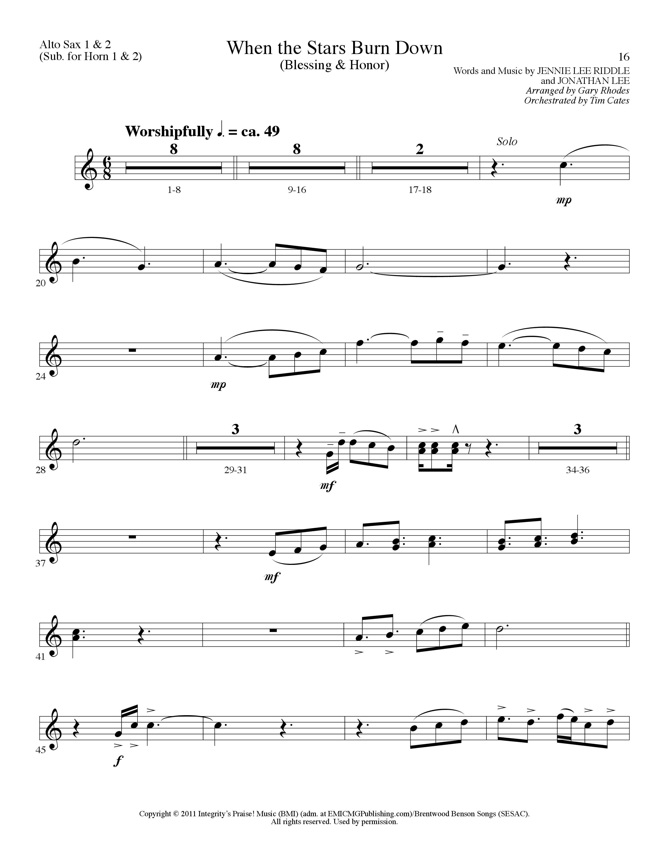 When The Stars Burn Down (Choral Anthem SATB) Alto Sax 1/2 (Lillenas Choral / Arr. Gary Rhodes)