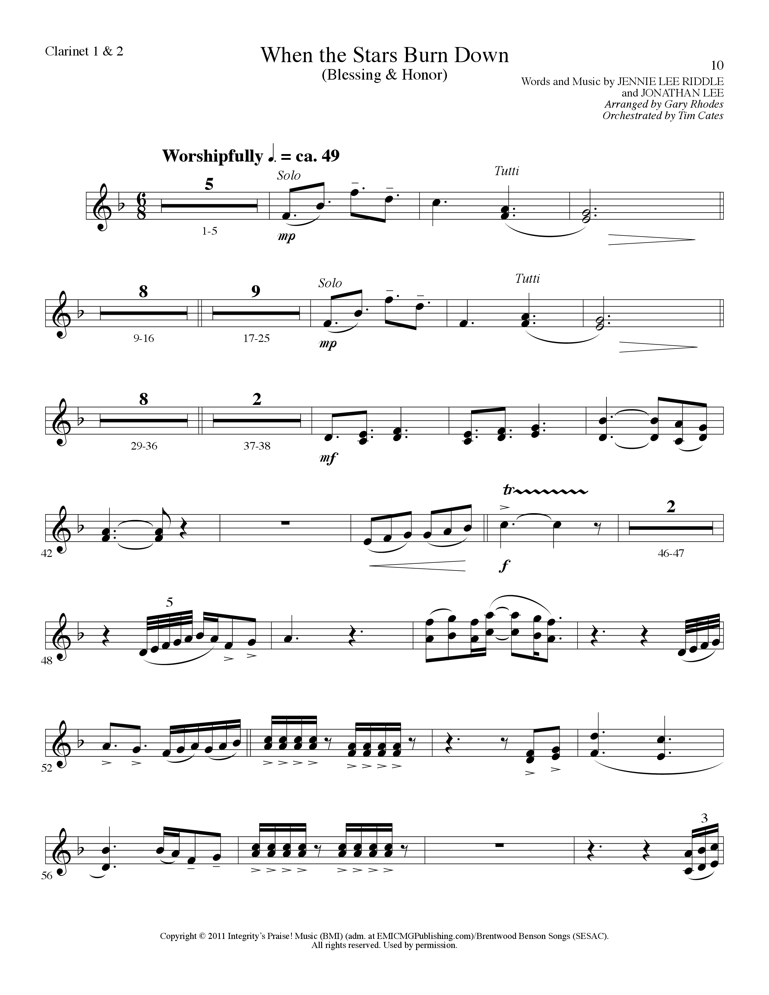 When The Stars Burn Down (Choral Anthem SATB) Clarinet 1/2 (Lillenas Choral / Arr. Gary Rhodes)