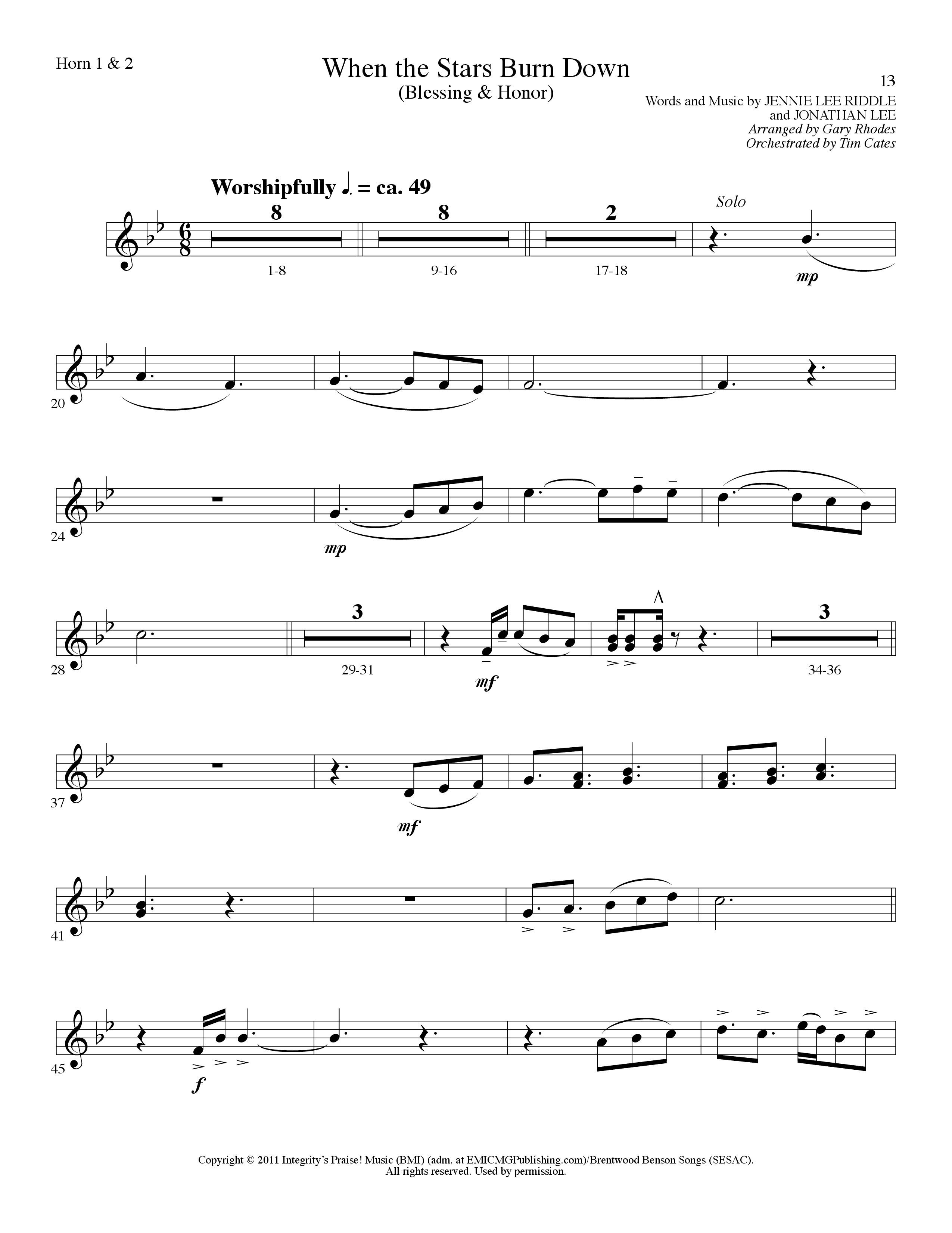When The Stars Burn Down (Choral Anthem SATB) French Horn 1/2 (Lillenas Choral / Arr. Gary Rhodes)