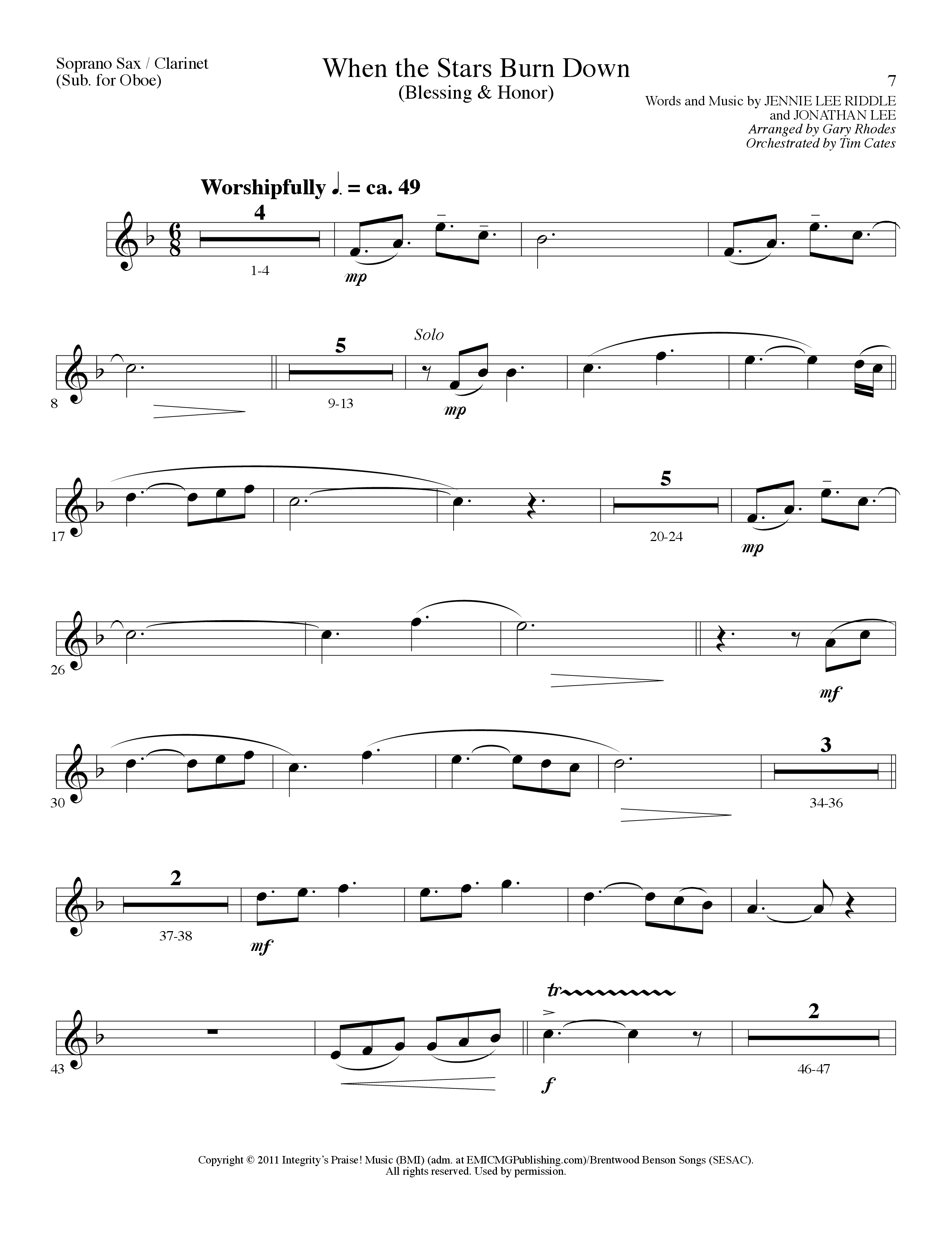 When The Stars Burn Down (Choral Anthem SATB) Soprano Sax (Lillenas Choral / Arr. Gary Rhodes)