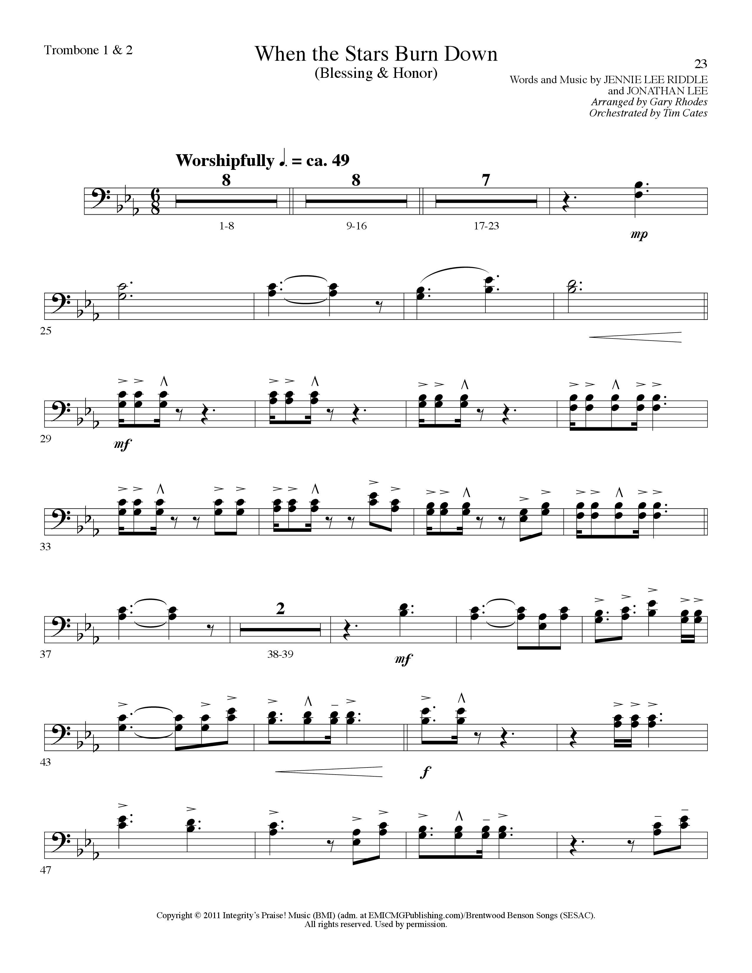 When The Stars Burn Down (Choral Anthem SATB) Trombone 1/2 (Lillenas Choral / Arr. Gary Rhodes)