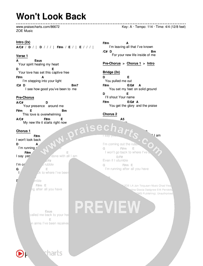 Won't Look Back Chords & Lyrics (ZOE Music)