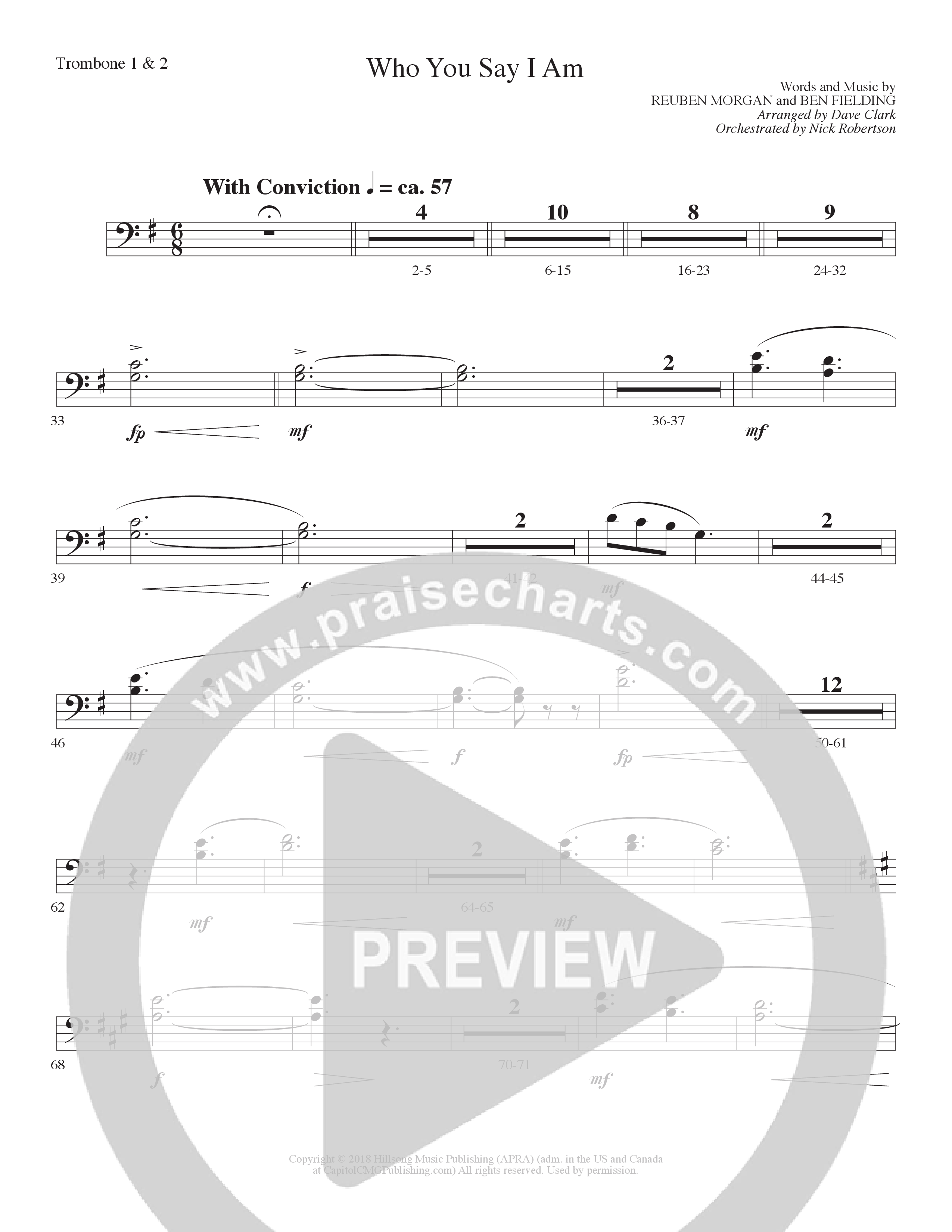 Who You Say I Am (Choral Anthem SATB) Trombone 1/2 (Lillenas Choral / Arr. Dave Clark / Orch. Nick Robertson)