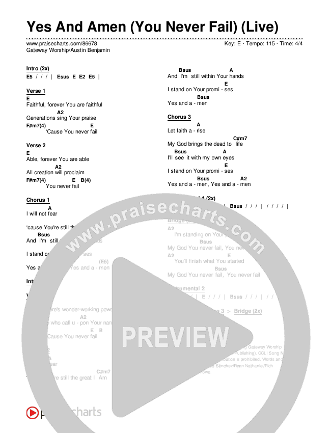Yes And Amen (You Never Fail) (Live) Chords & Lyrics (Gateway Worship / Austin Benjamin)