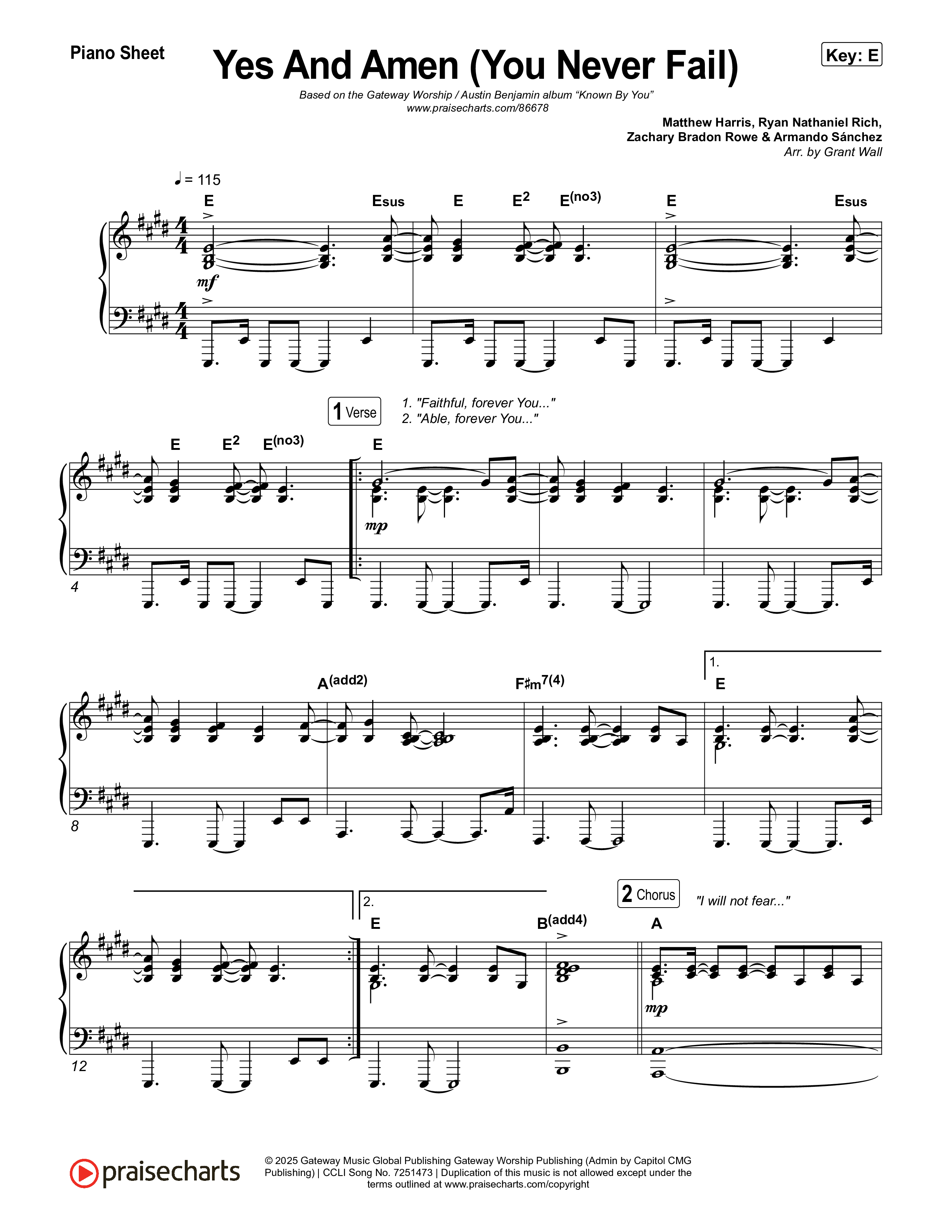 Yes And Amen (You Never Fail) (Live) Piano Sheet (Gateway Worship / Austin Benjamin)