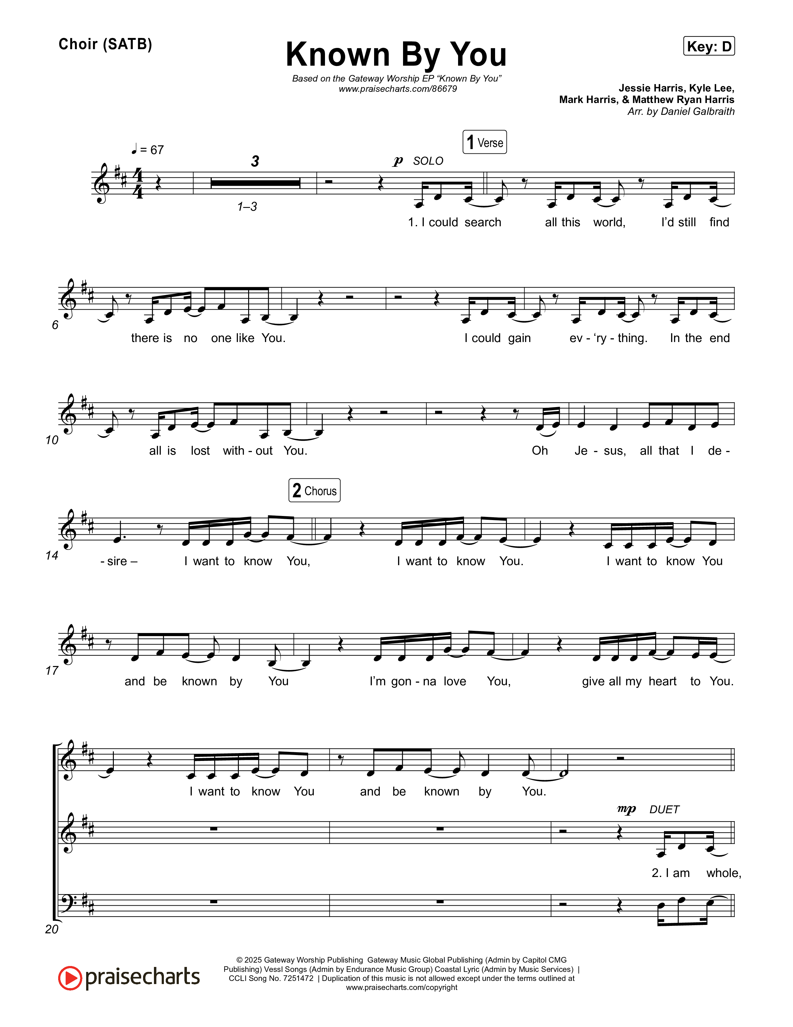 Known By You (Live) Choir Sheet (SATB) (Gateway Worship / Jessie Harris)