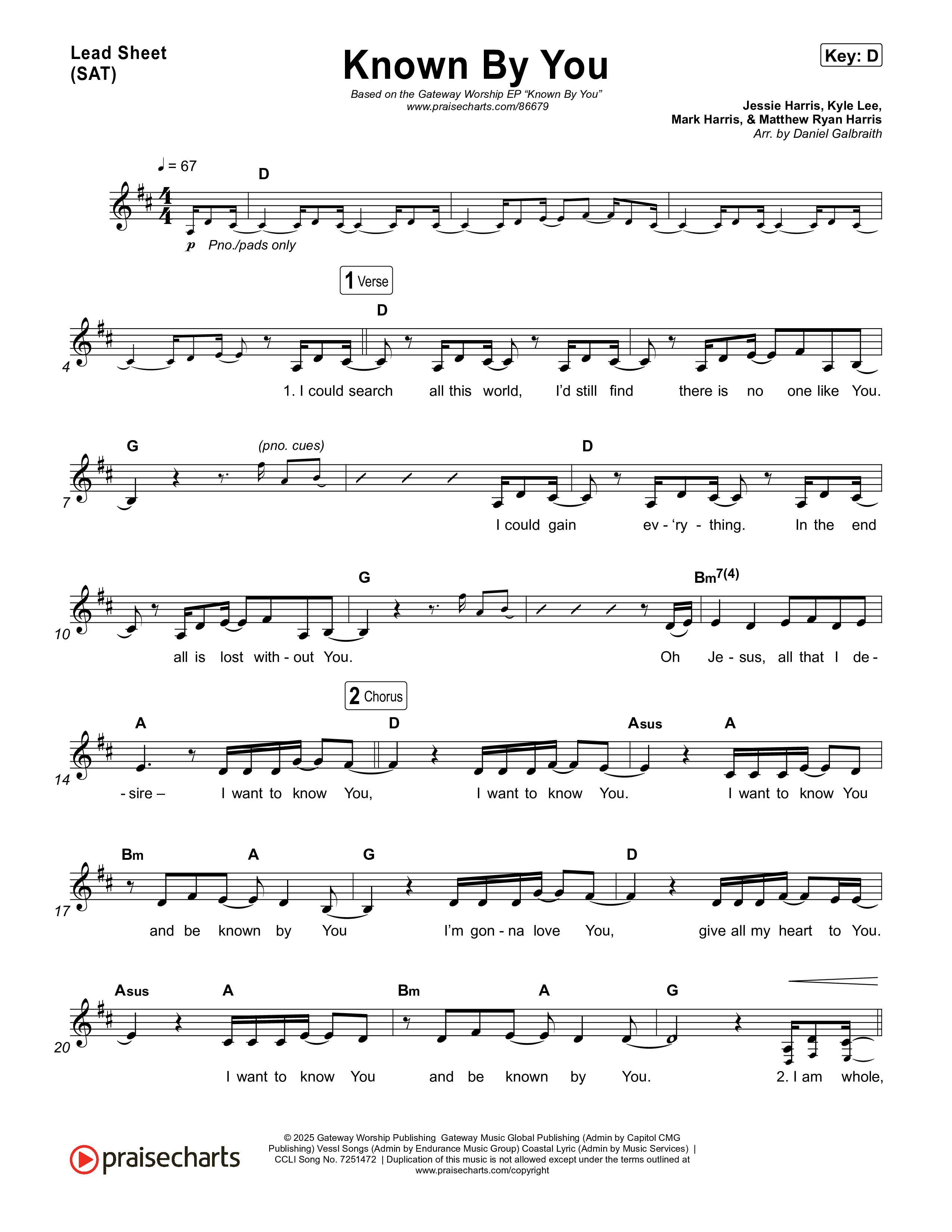 Known By You (Live) Lead Sheet (SAT) (Gateway Worship / Jessie Harris)