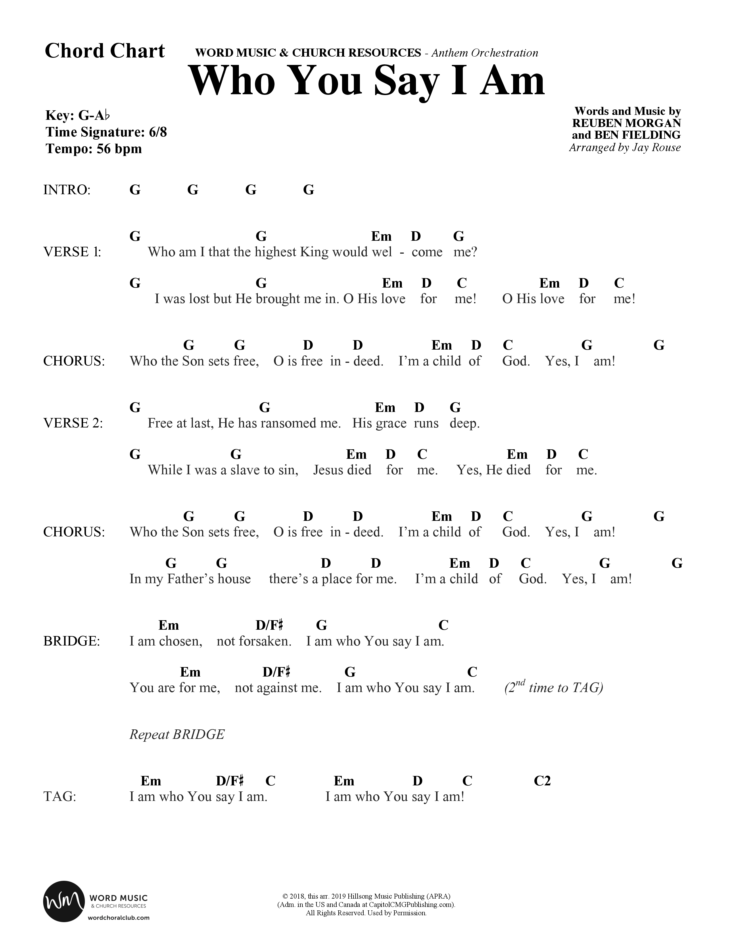 Who You Say I Am (Choral Anthem SATB) Chords & Lead Sheet (Word Music Choral / Arr. Jay Rouse)