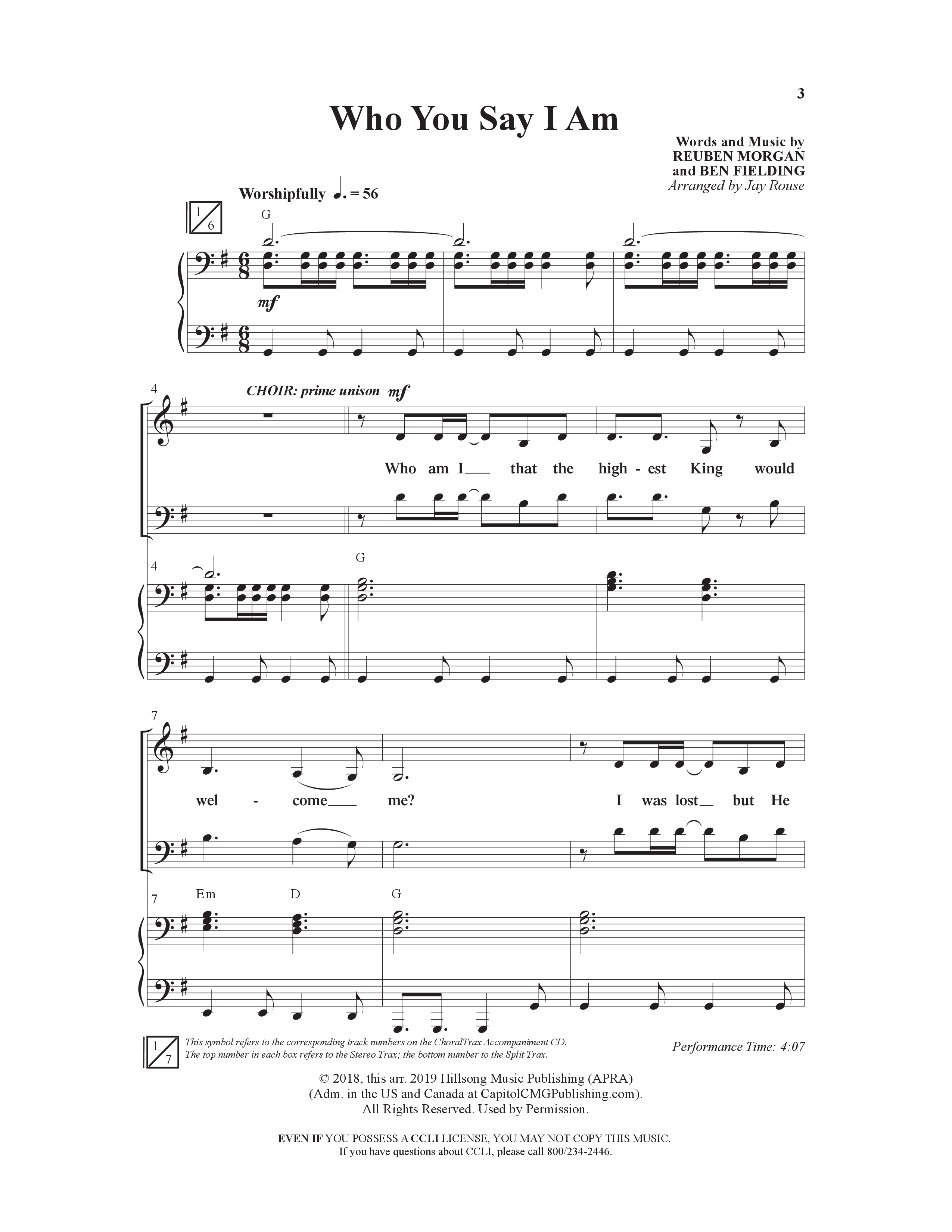 Who You Say I Am (Choral Anthem SATB) Anthem (SATB/Piano) (Word Music Choral / Arr. Jay Rouse)