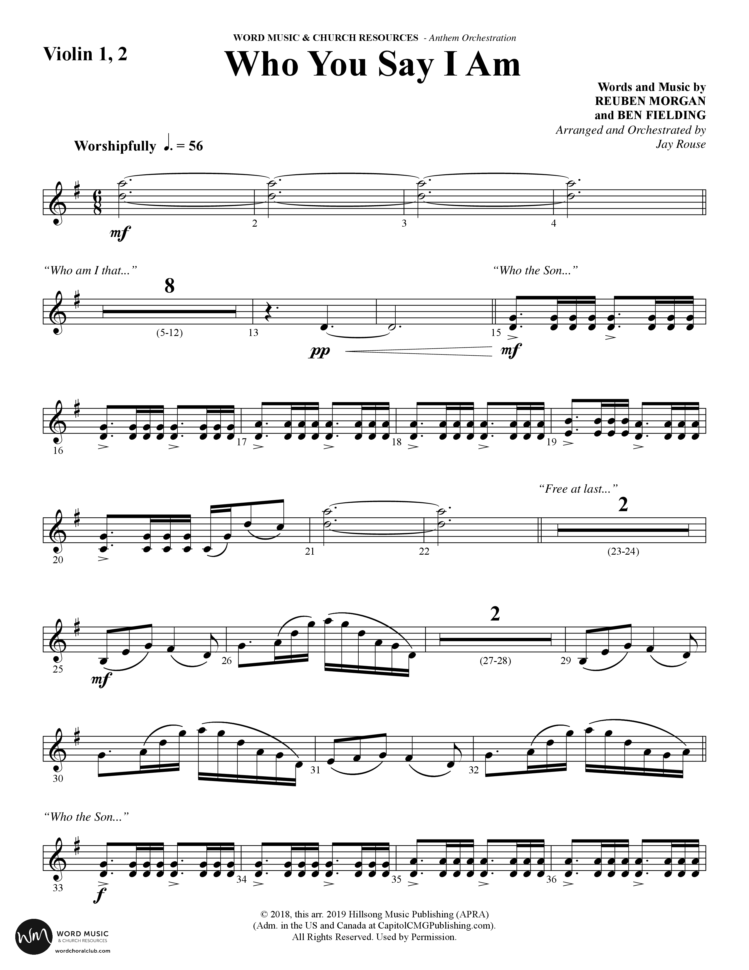 Who You Say I Am (Choral Anthem SATB) Violin 1/2 (Word Music Choral / Arr. Jay Rouse)