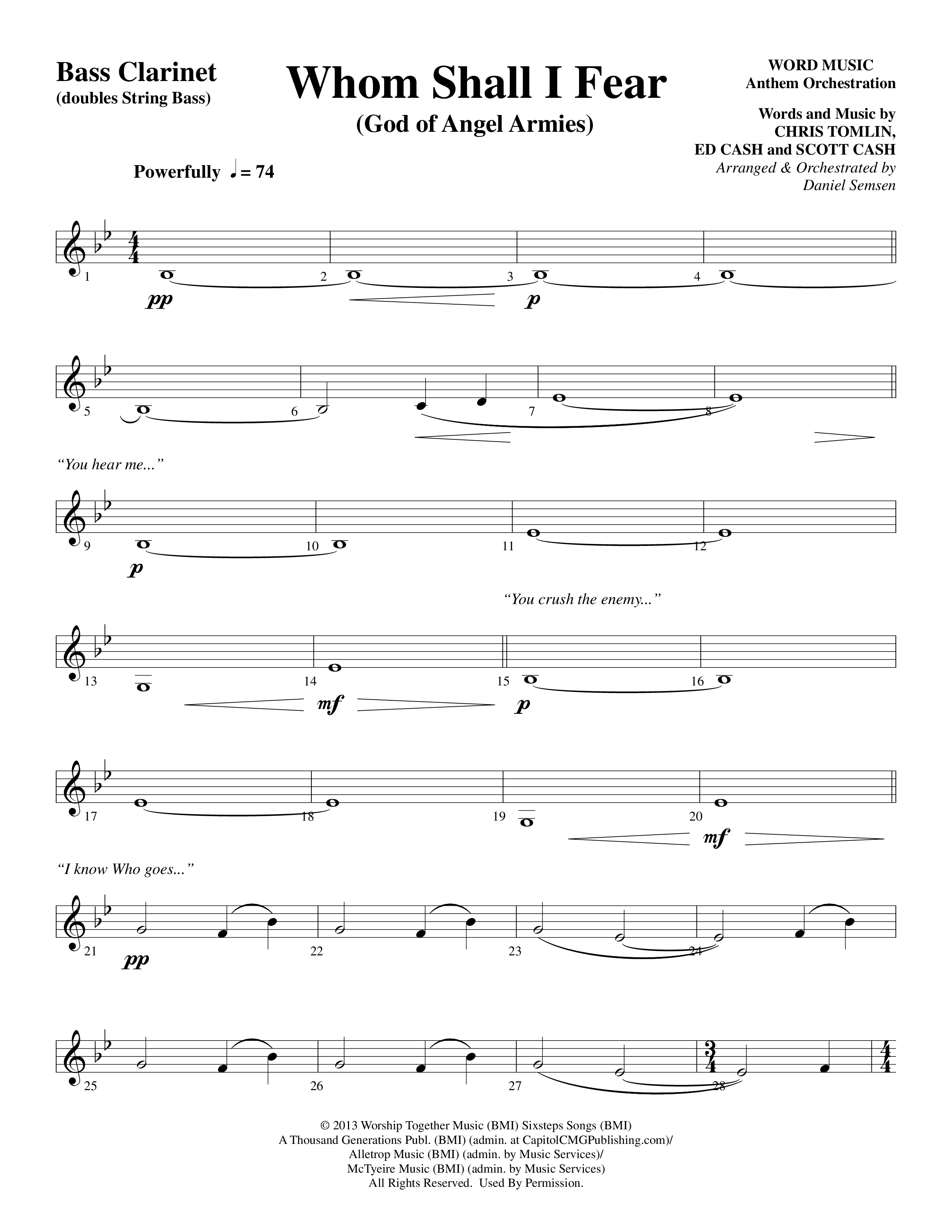 Whom Shall I Fear (God Of Angel Armies) (Choral Anthem SATB) Bass Clarinet (Word Music Choral / Arr. Daniel Semsen)