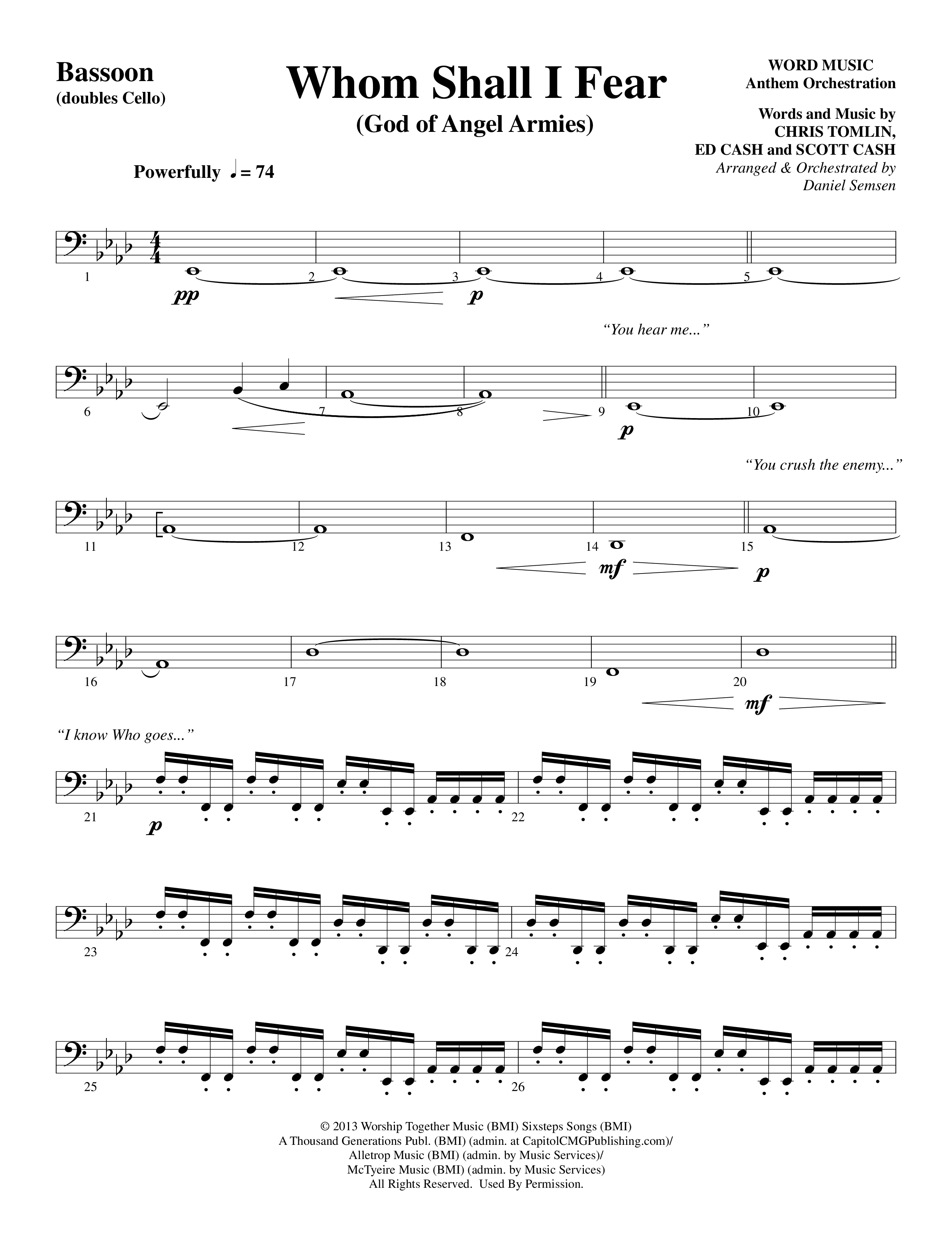 Whom Shall I Fear (God Of Angel Armies) (Choral Anthem SATB) Bassoon (Word Music Choral / Arr. Daniel Semsen)