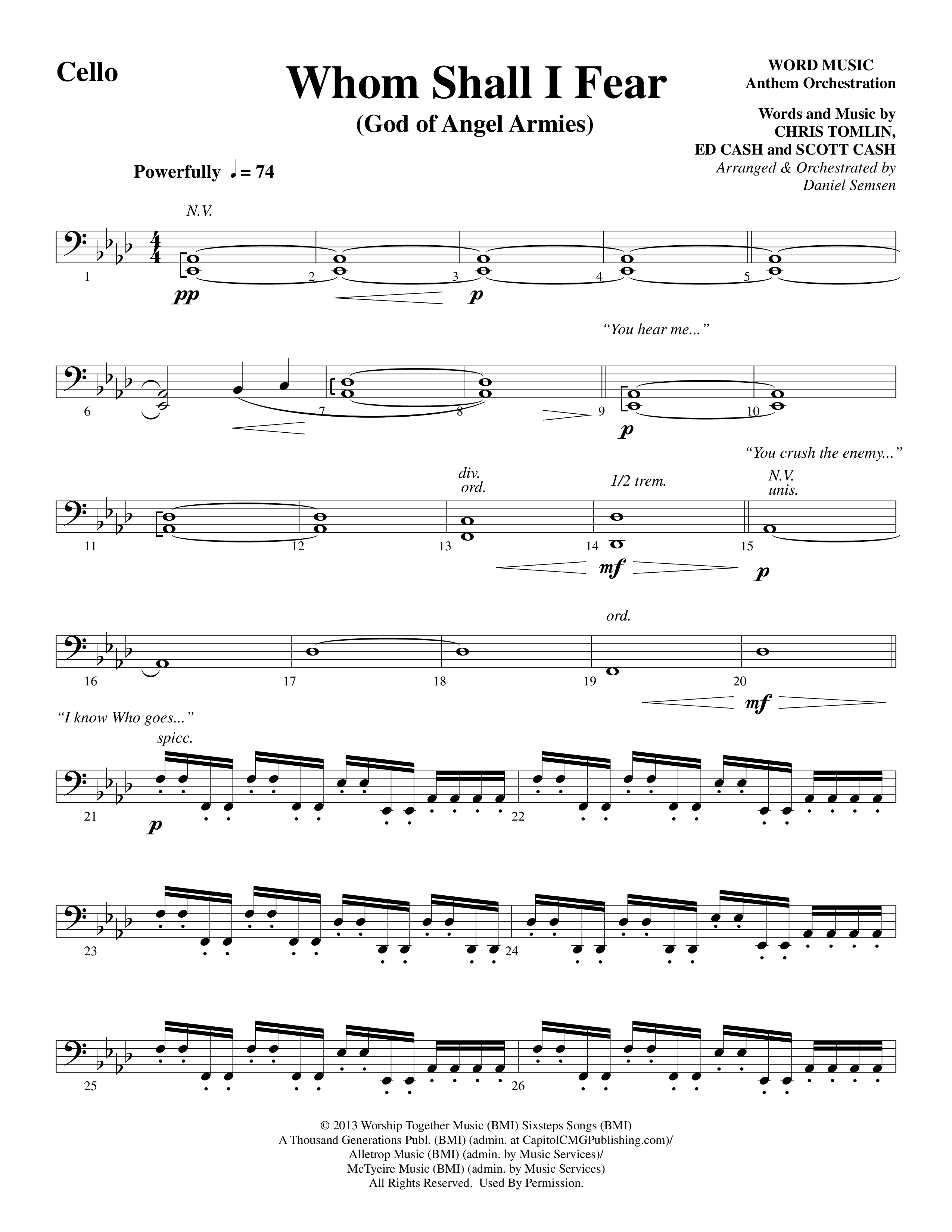 Whom Shall I Fear (God Of Angel Armies) (Choral Anthem SATB) Cello (Word Music Choral / Arr. Daniel Semsen)