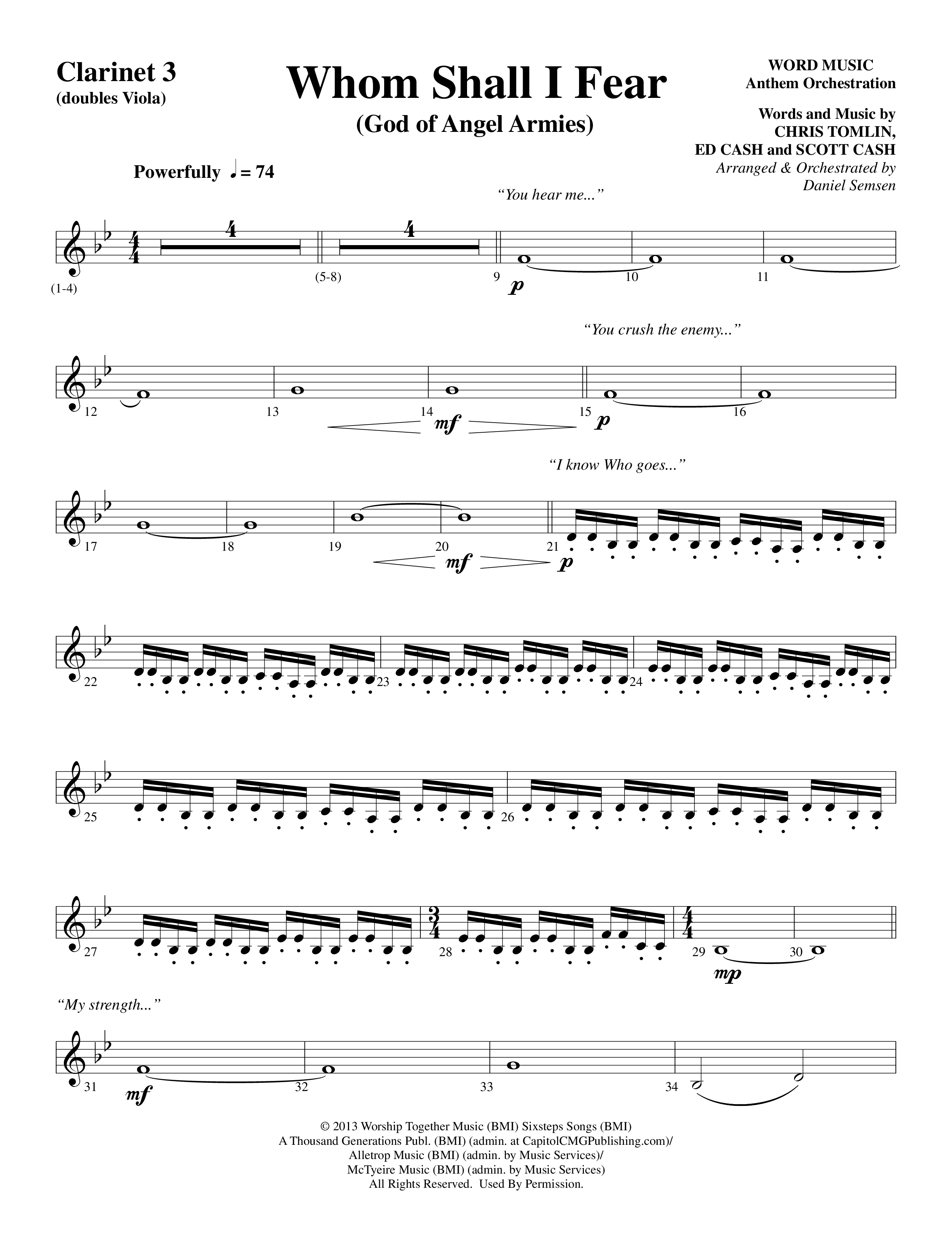 Whom Shall I Fear (God Of Angel Armies) (Choral Anthem SATB) Clarinet 3 (Word Music Choral / Arr. Daniel Semsen)
