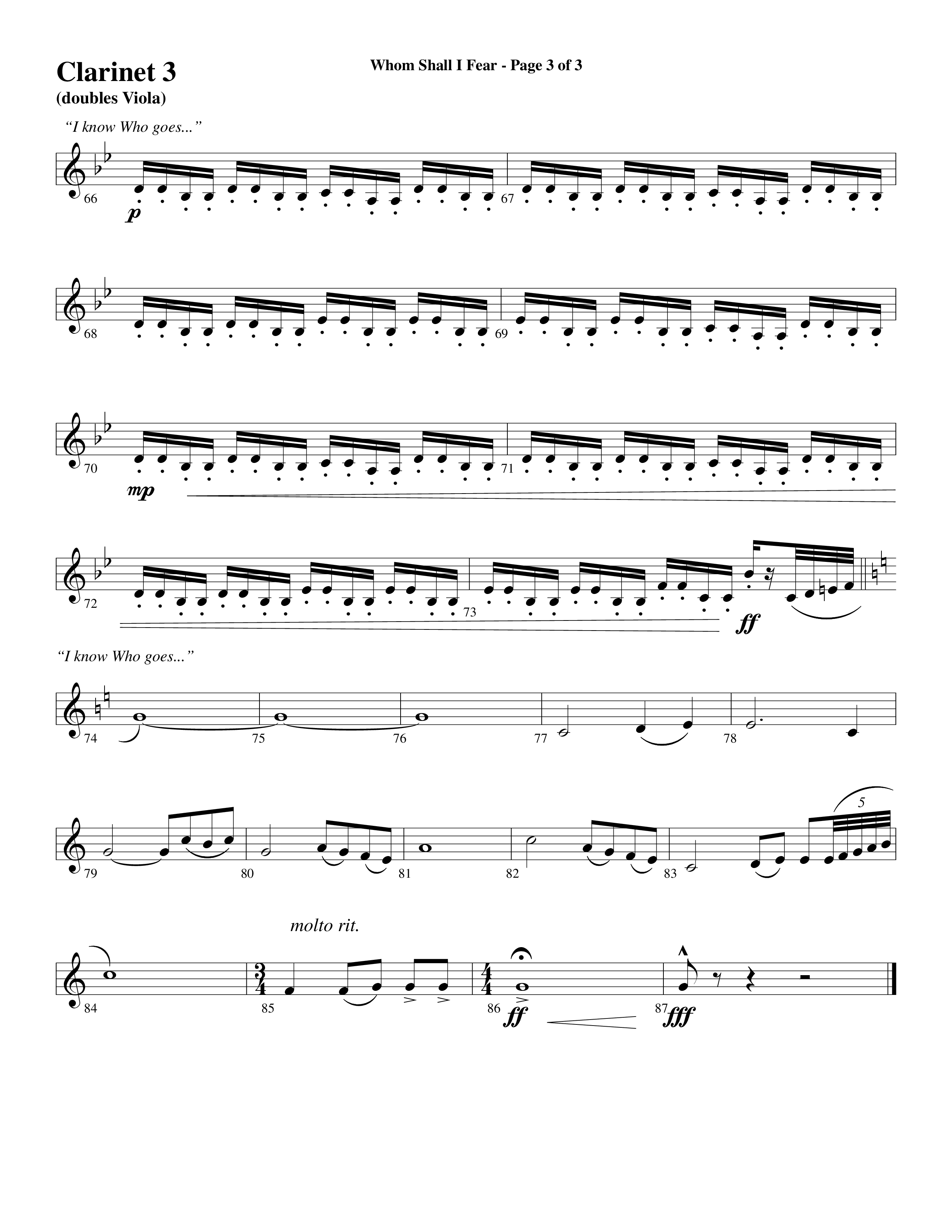 Whom Shall I Fear (God Of Angel Armies) (Choral Anthem SATB) Clarinet 3 (Word Music Choral / Arr. Daniel Semsen)