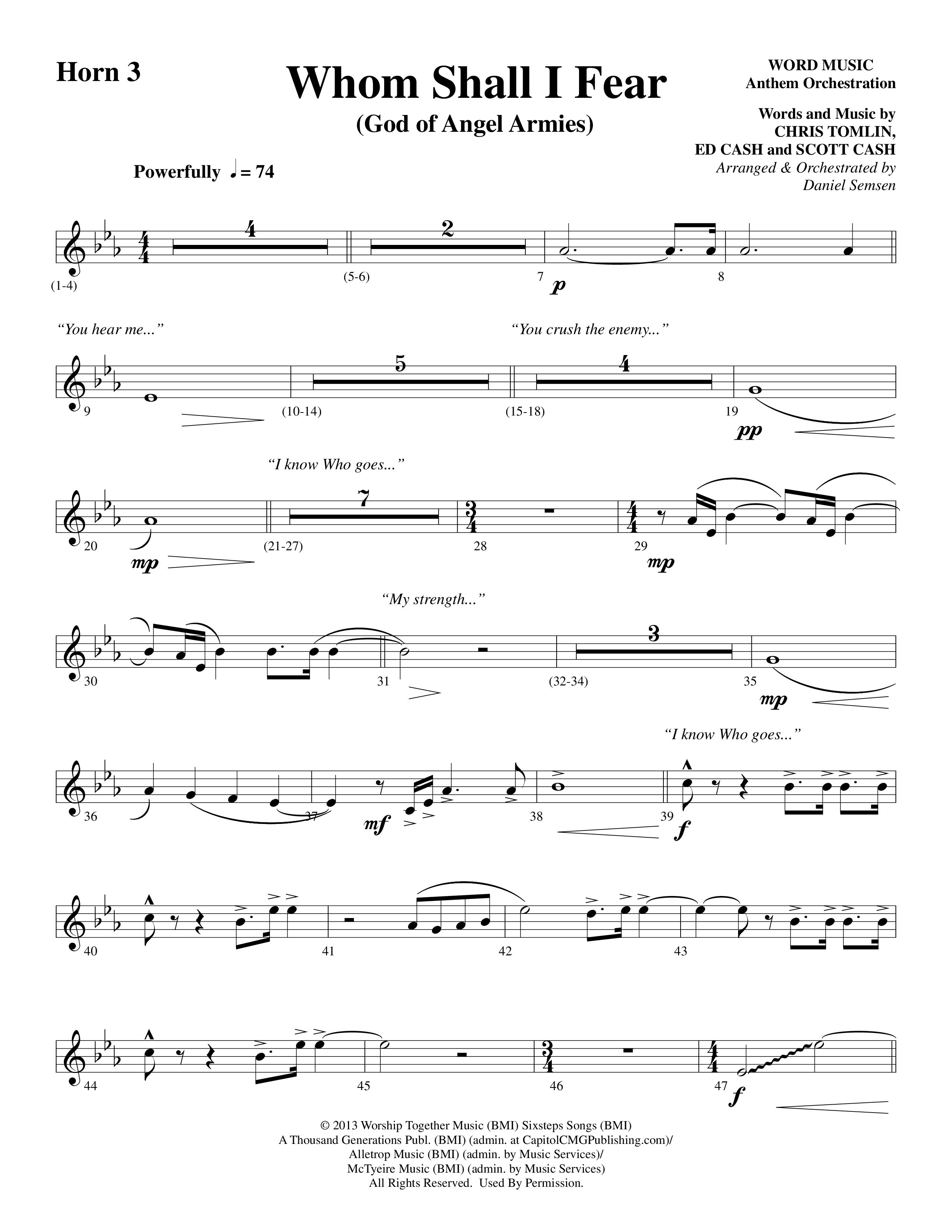 Whom Shall I Fear (God Of Angel Armies) (Choral Anthem SATB) French Horn 3 (Word Music Choral / Arr. Daniel Semsen)