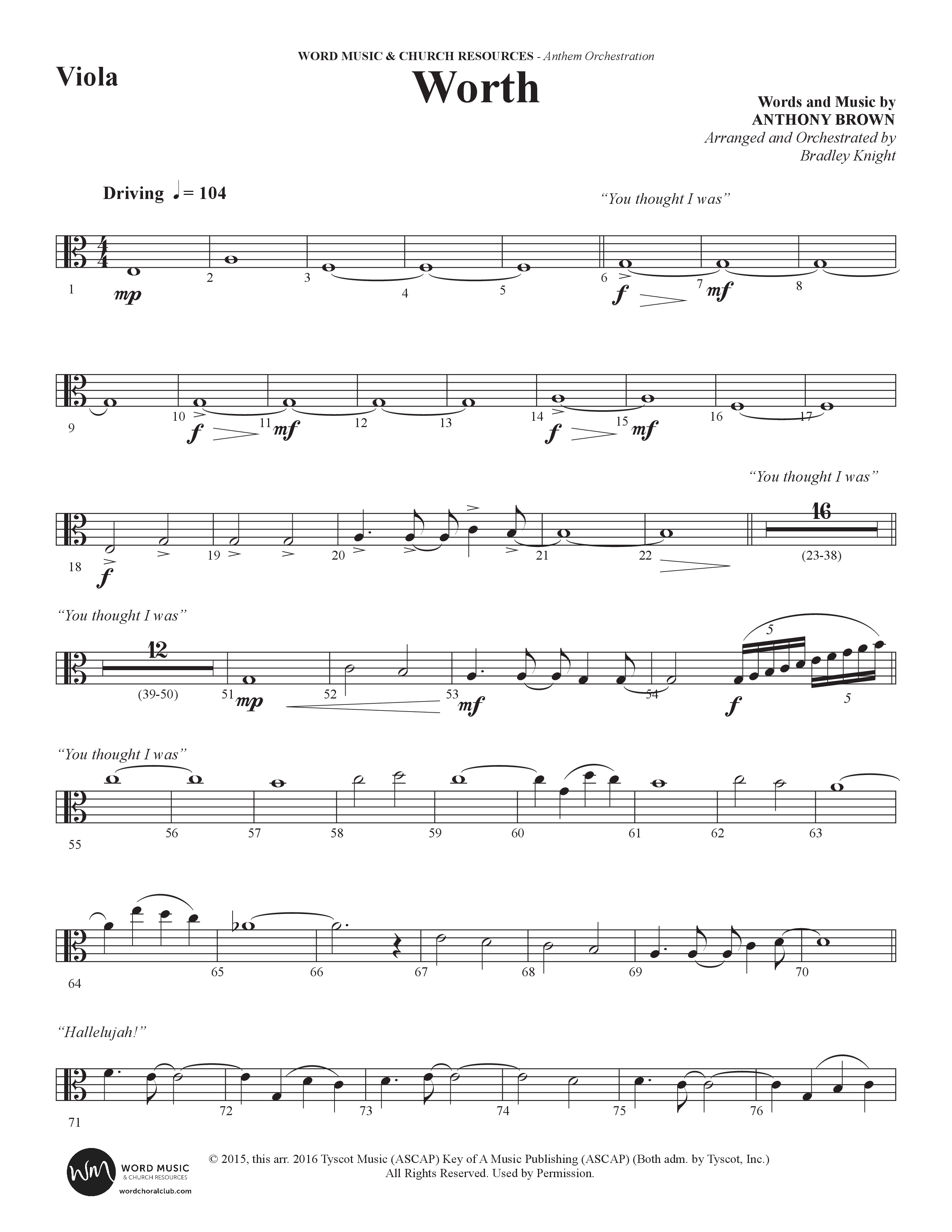 Worth (Choral Anthem SATB) Viola (Word Music Choral / Arr. Bradley Knight)