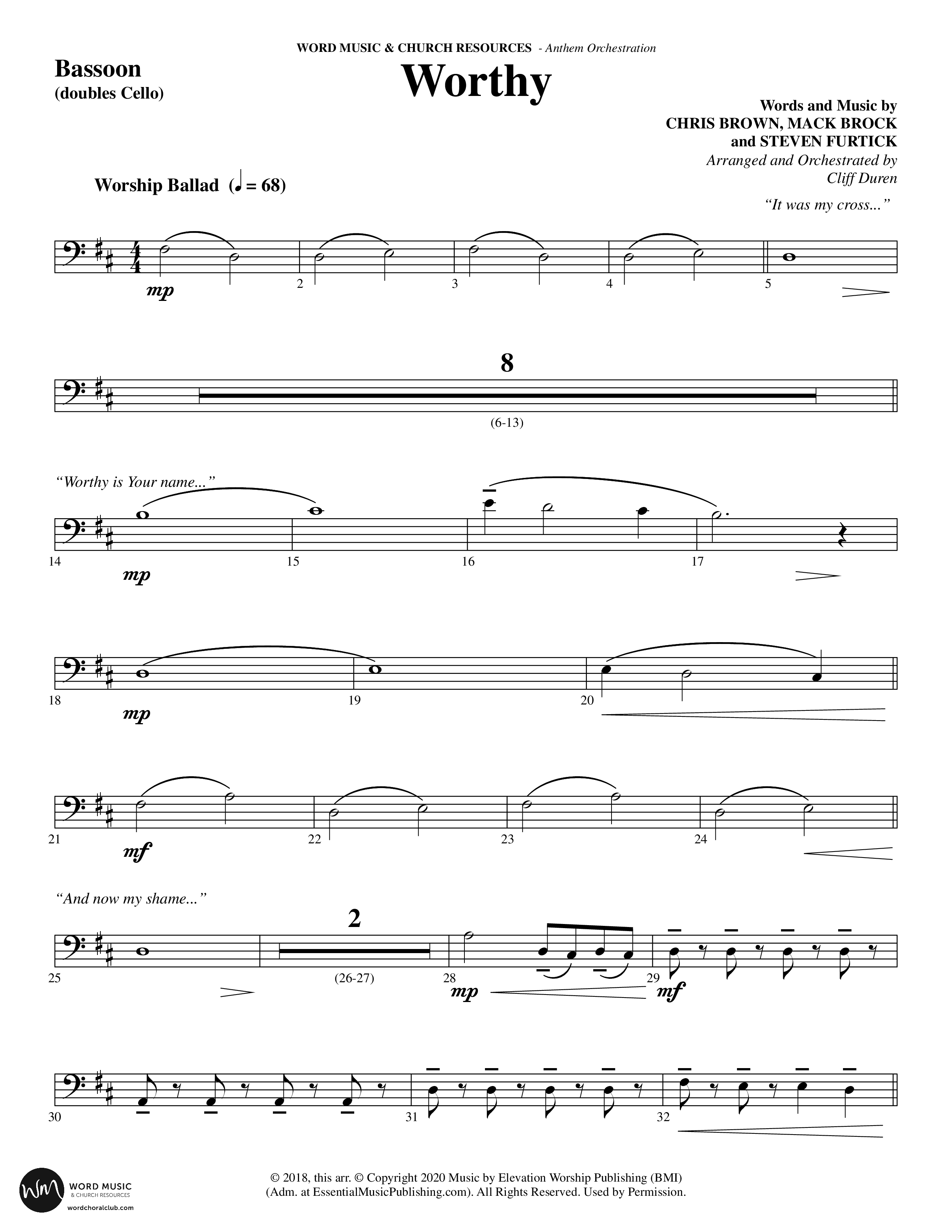 Worthy (Choral Anthem SATB) Bassoon (Word Music Choral / Arr. Cliff Duren)