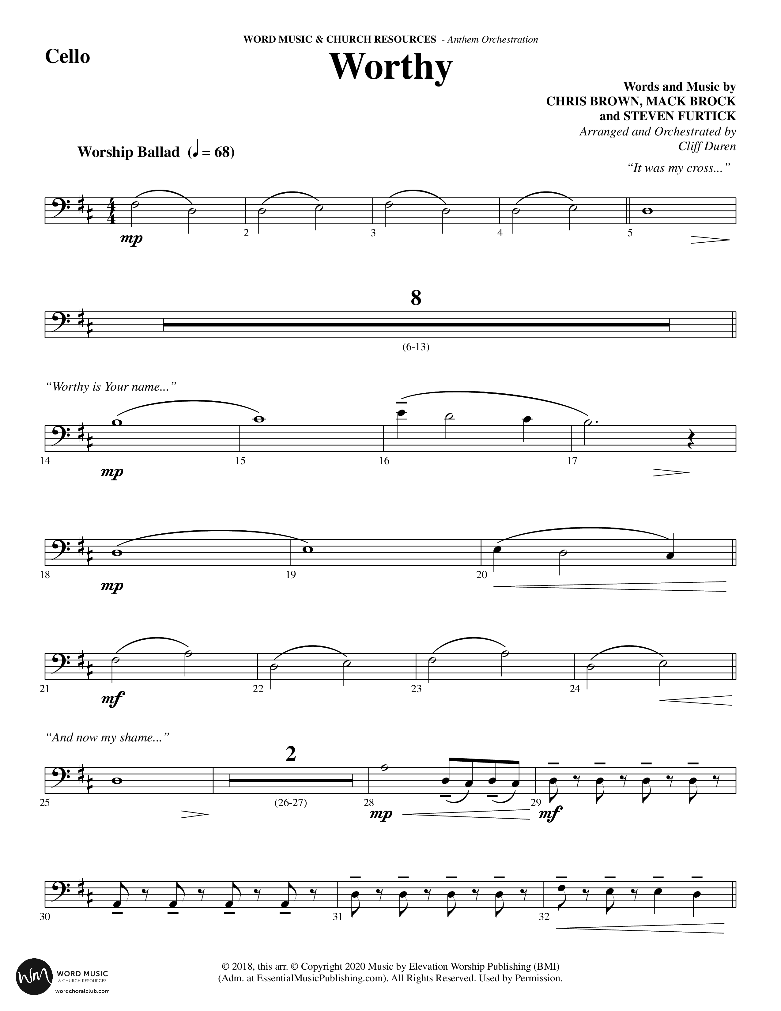 Worthy (Choral Anthem SATB) Cello (Word Music Choral / Arr. Cliff Duren)