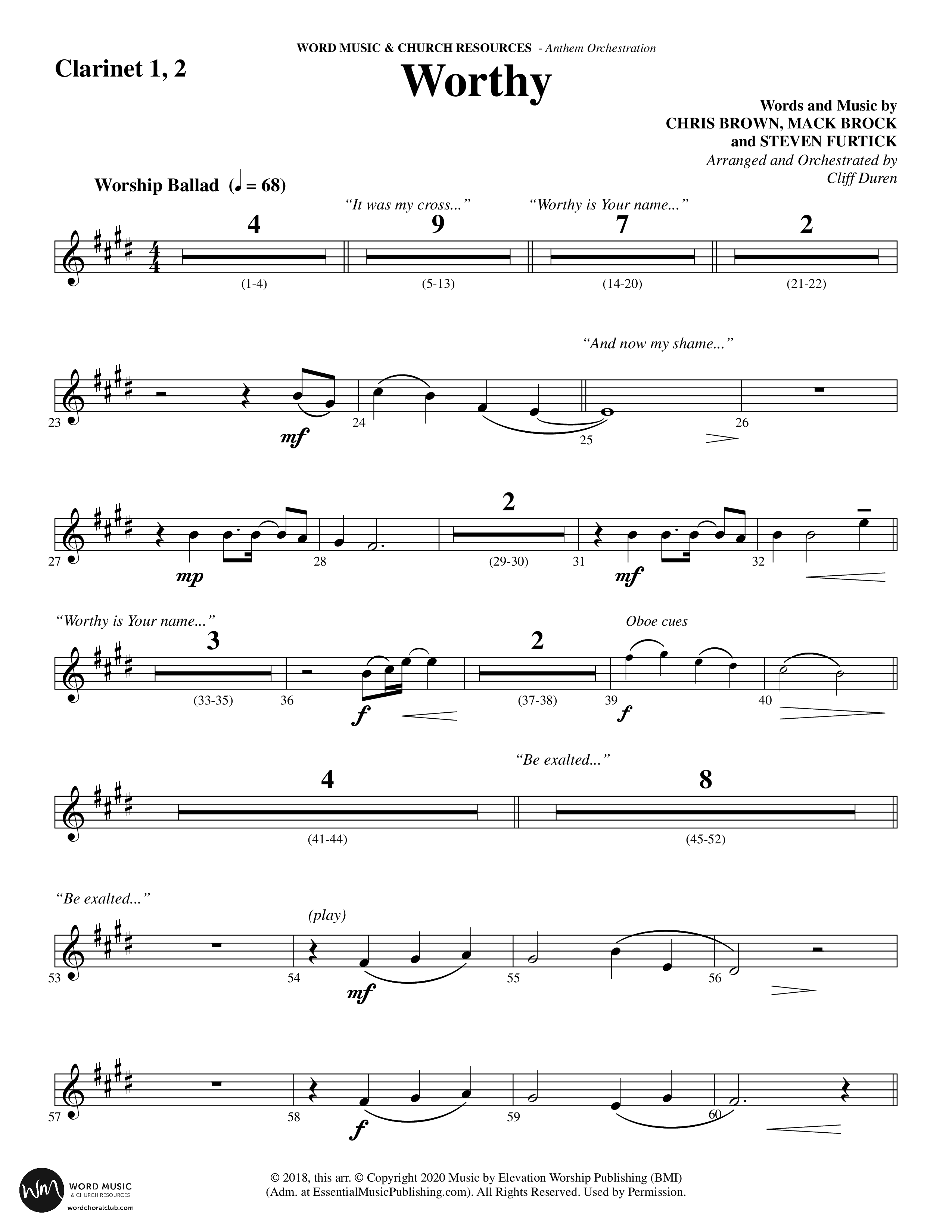 Worthy (Choral Anthem SATB) Clarinet 1/2 (Word Music Choral / Arr. Cliff Duren)