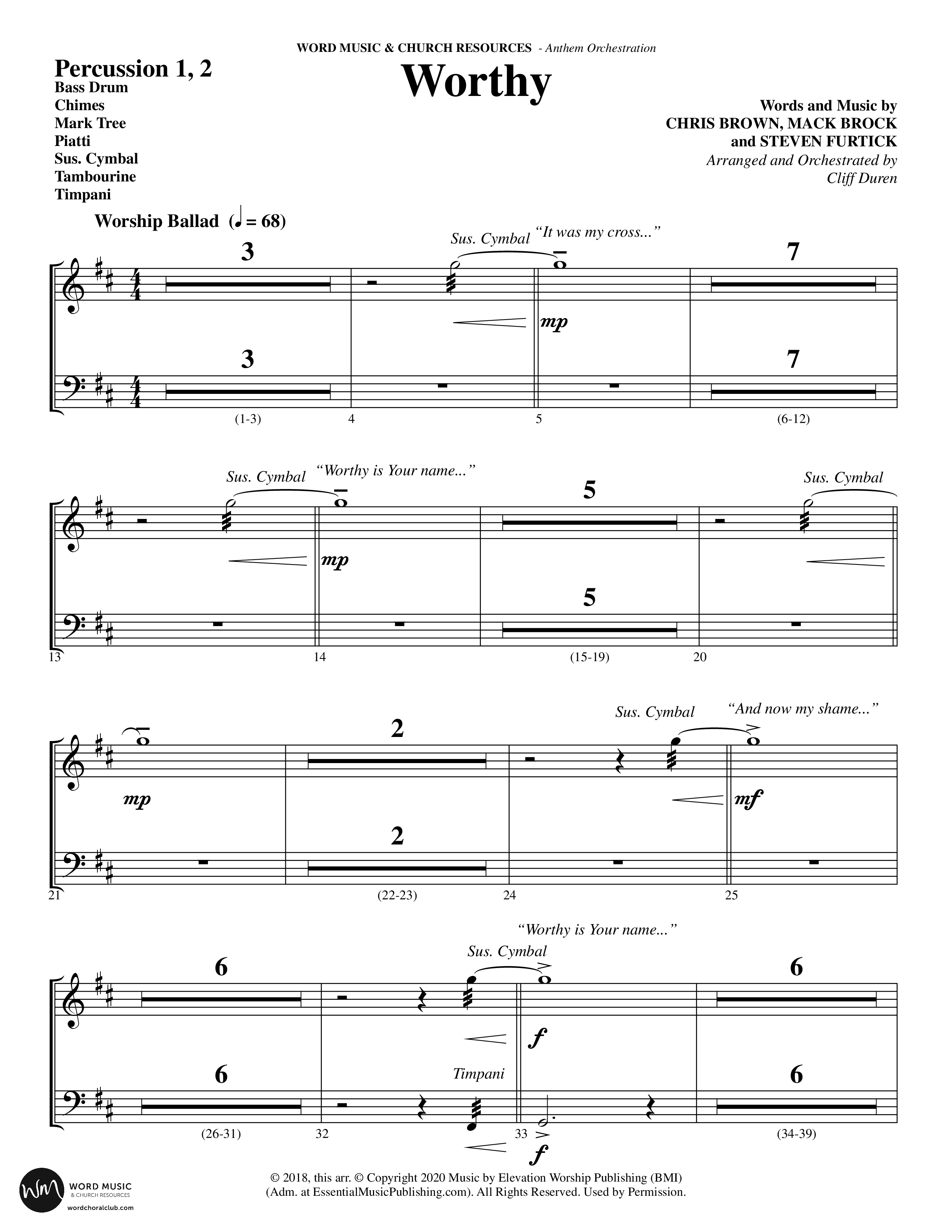 Worthy (Choral Anthem SATB) Percussion 1/2 (Word Music Choral / Arr. Cliff Duren)