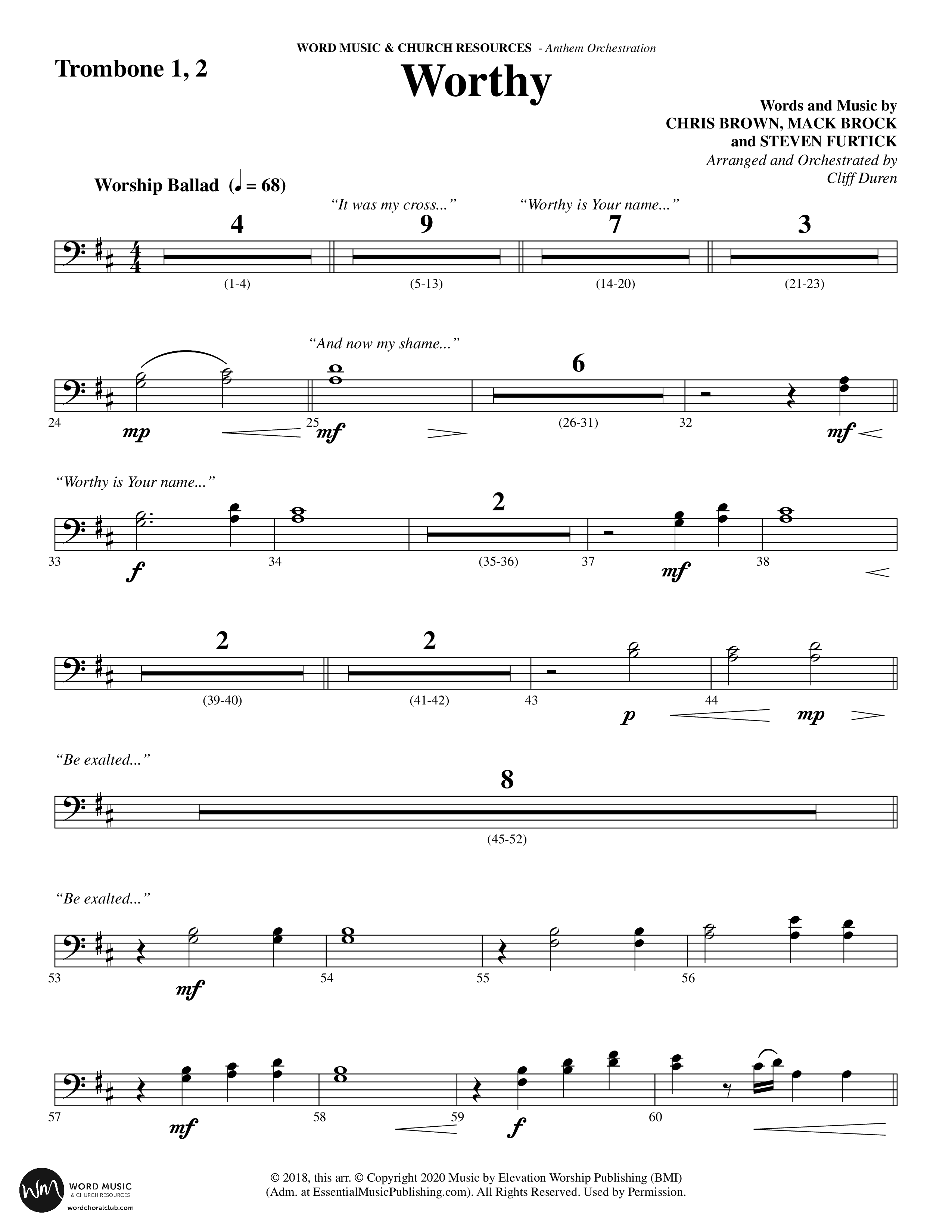 Worthy (Choral Anthem SATB) Trombone 1/2 (Word Music Choral / Arr. Cliff Duren)