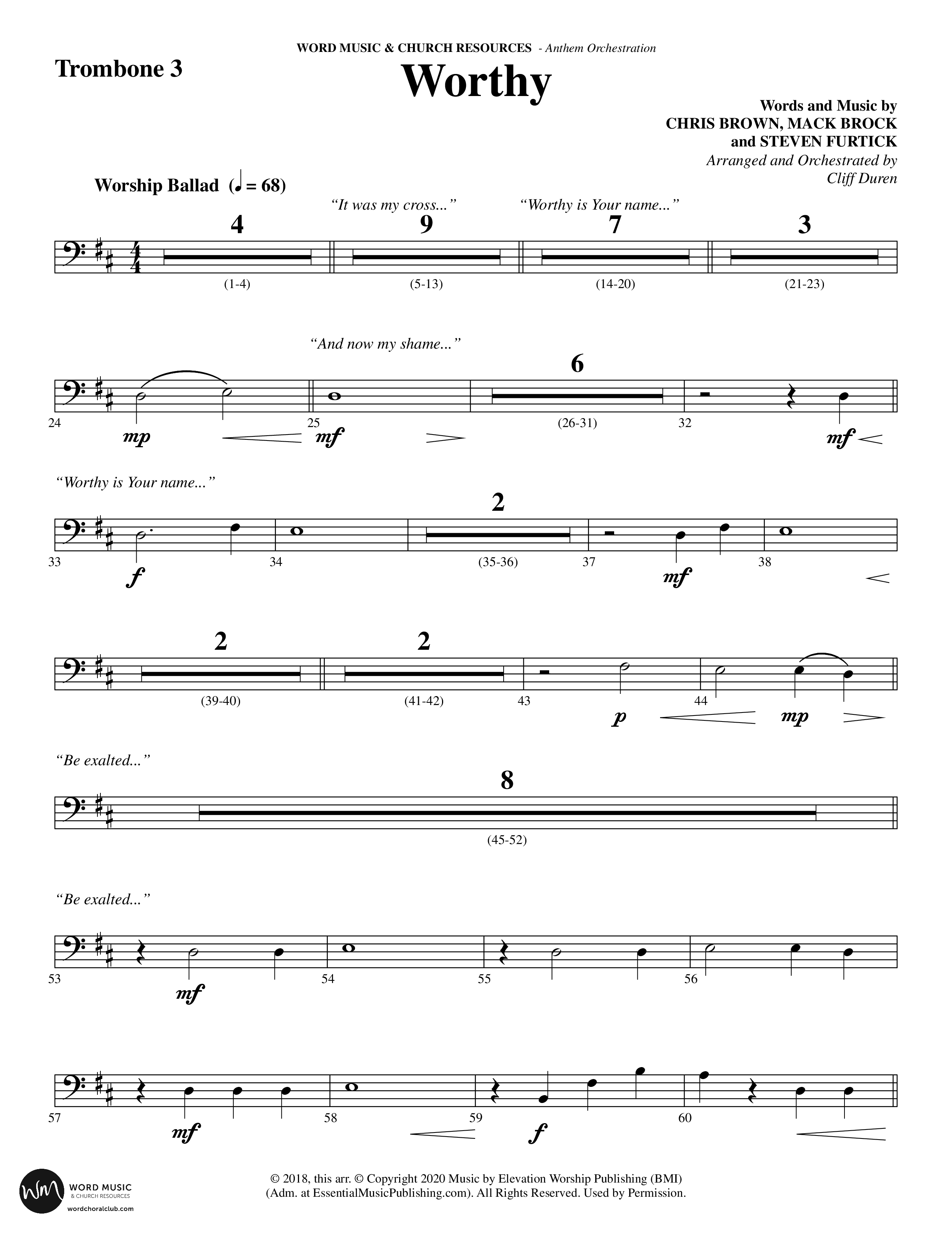 Worthy (Choral Anthem SATB) Trombone 3 (Word Music Choral / Arr. Cliff Duren)