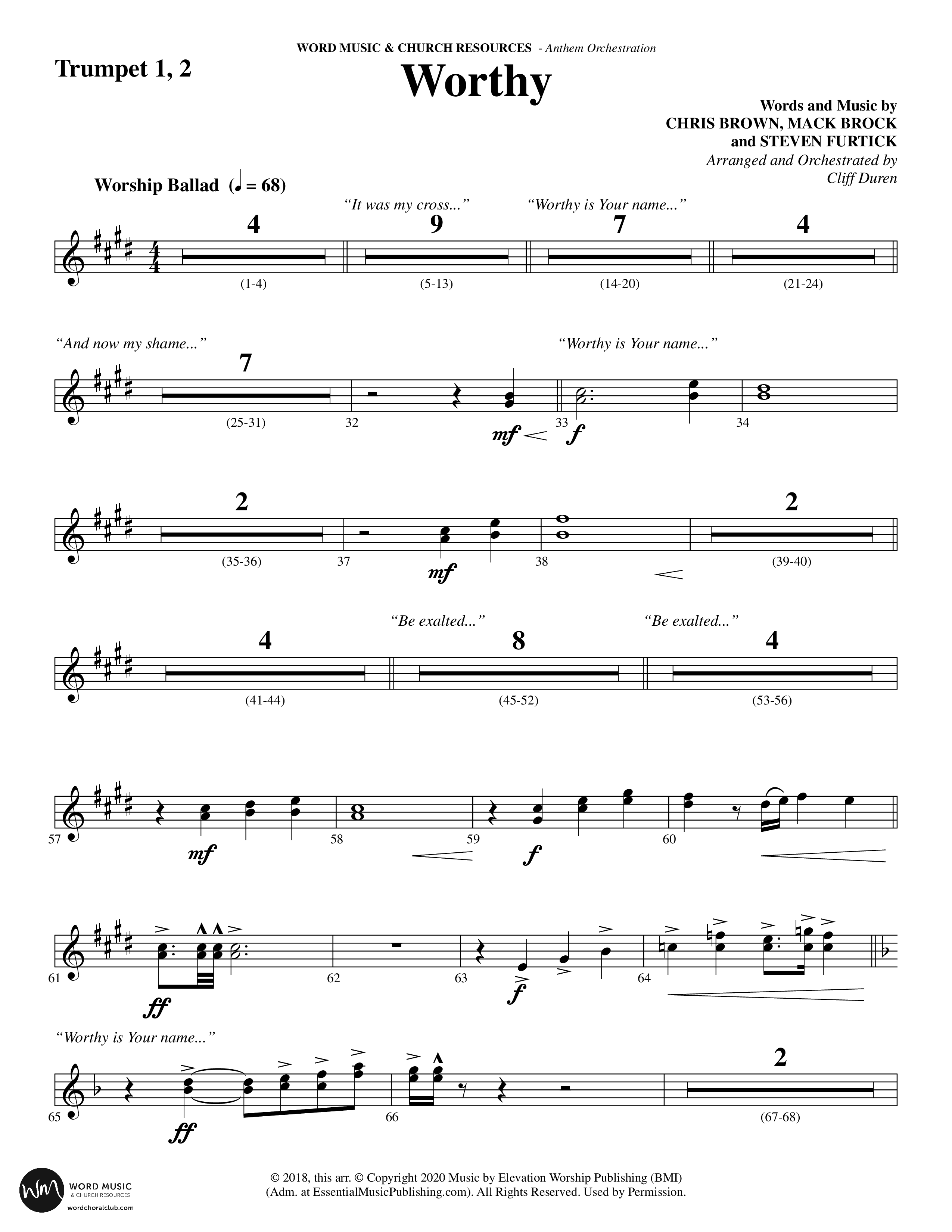 Worthy (Choral Anthem SATB) Trumpet 1,2 (Word Music Choral / Arr. Cliff Duren)