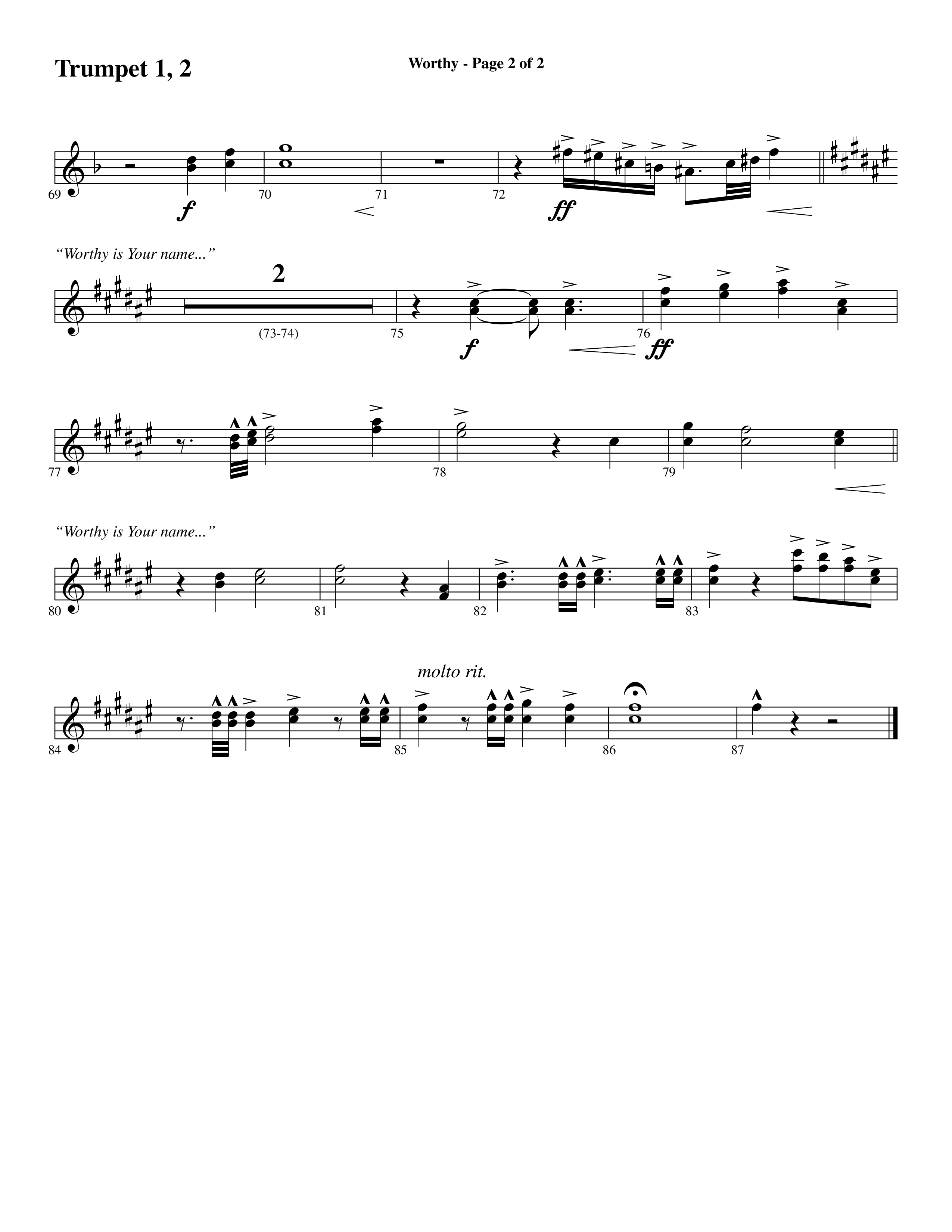 Worthy (Choral Anthem SATB) Trumpet 1,2 (Word Music Choral / Arr. Cliff Duren)