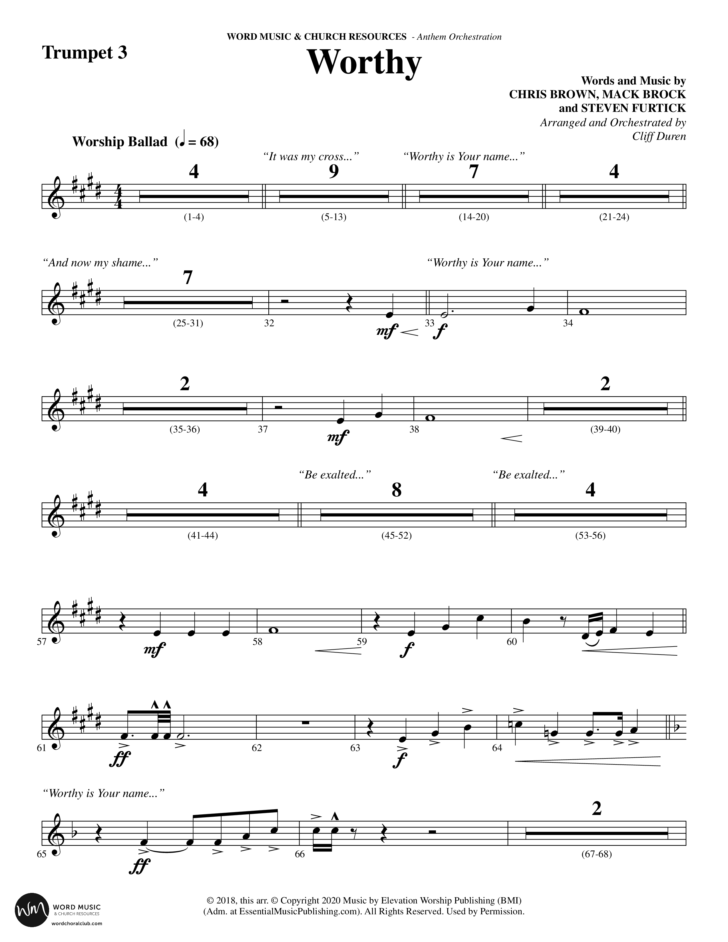 Worthy (Choral Anthem SATB) Trumpet 3 (Word Music Choral / Arr. Cliff Duren)