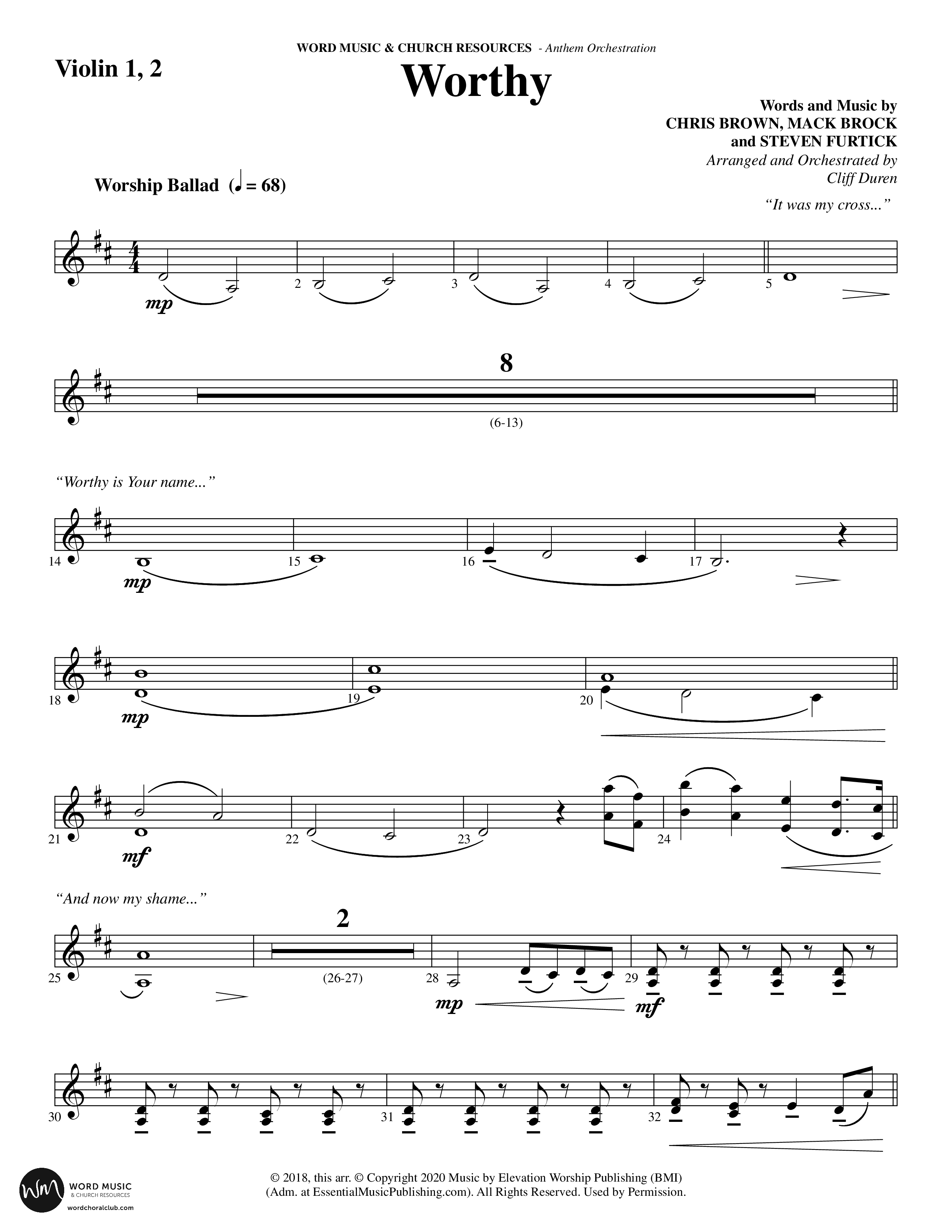 Worthy (Choral Anthem SATB) Violin 1/2 (Word Music Choral / Arr. Cliff Duren)