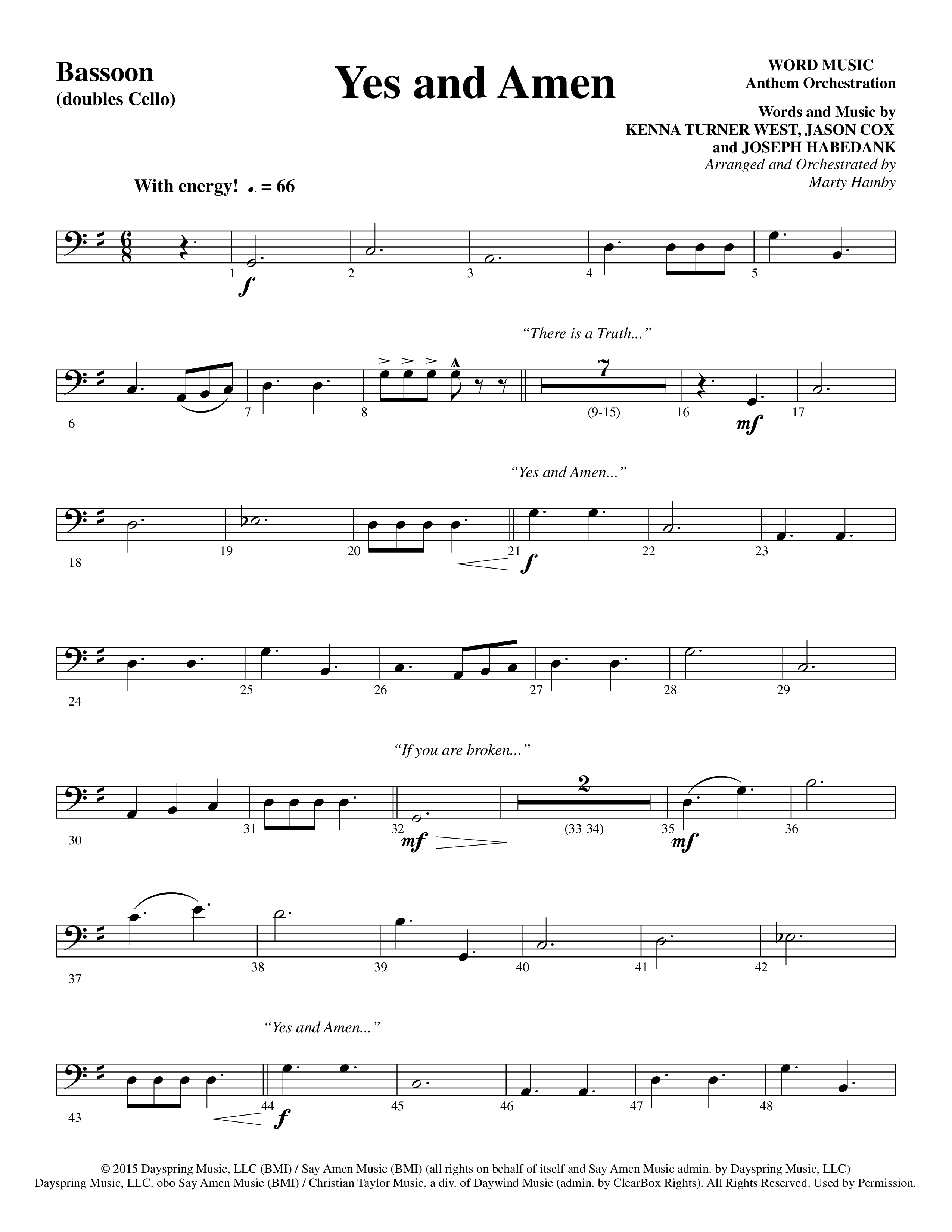 Yes and Amen (Choral Anthem SATB) Bassoon (Lorenz Choral / Arr. Marty Hamby)