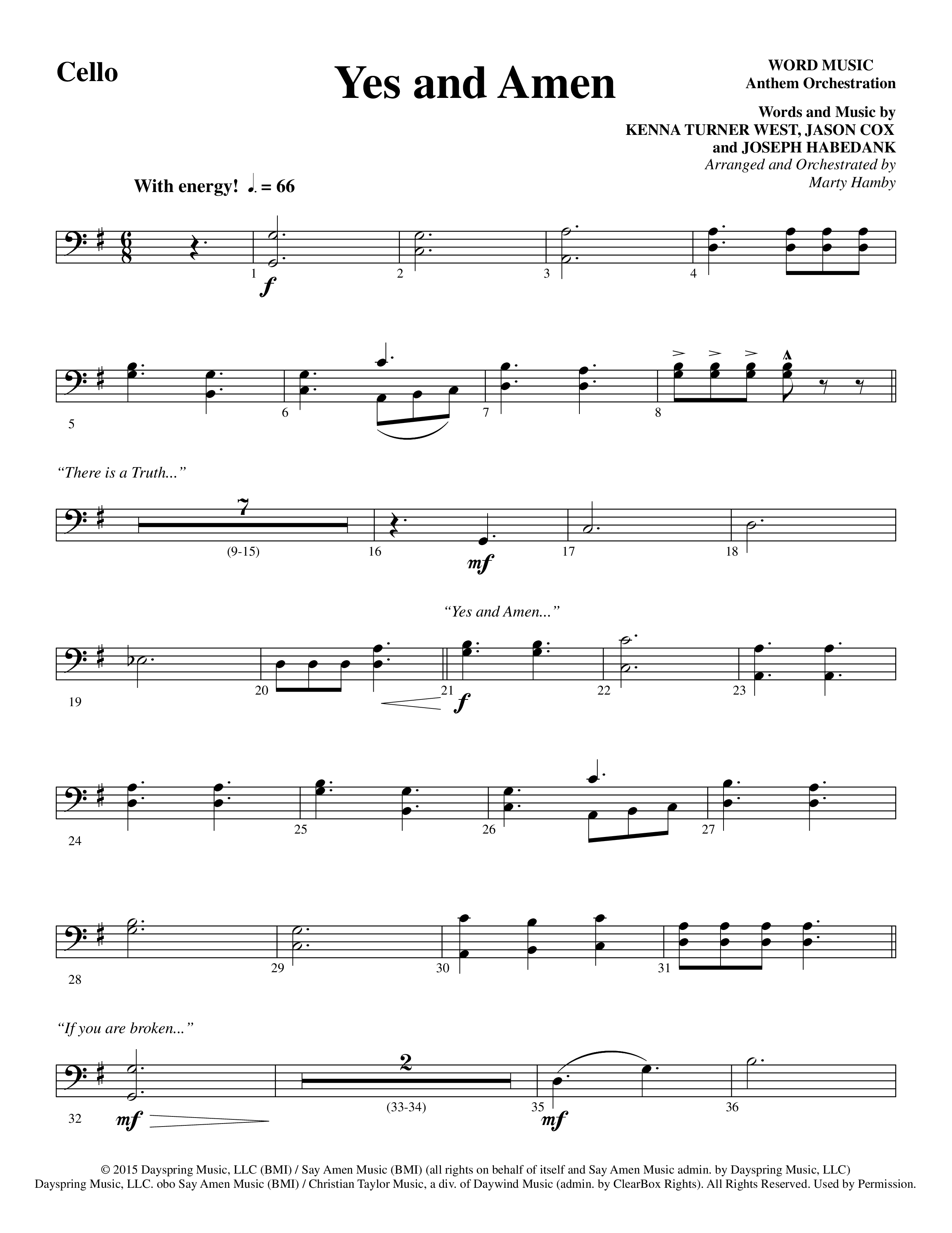 Yes and Amen (Choral Anthem SATB) Cello (Lorenz Choral / Arr. Marty Hamby)