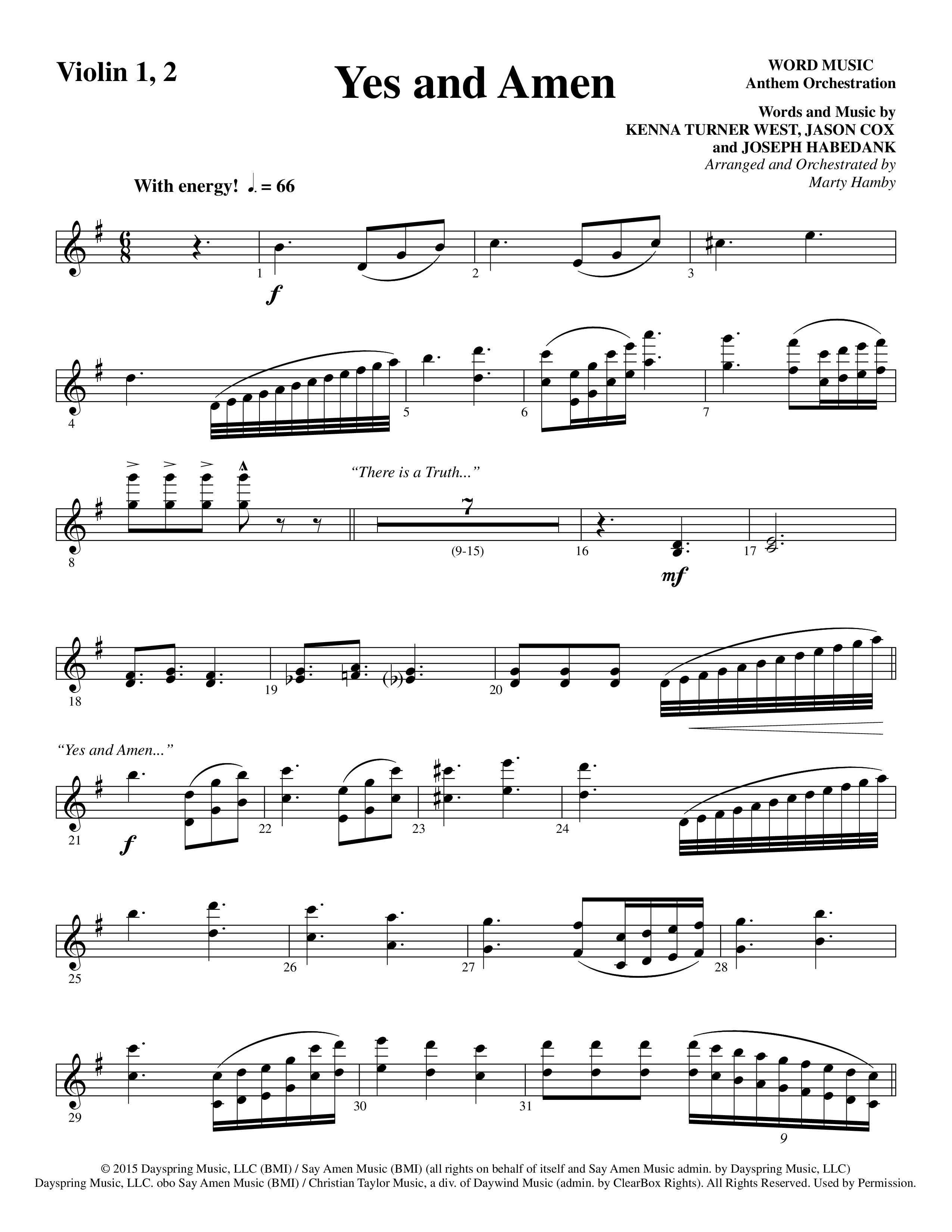 Yes and Amen (Choral Anthem SATB) Violin 1/2 (Lorenz Choral / Arr. Marty Hamby)