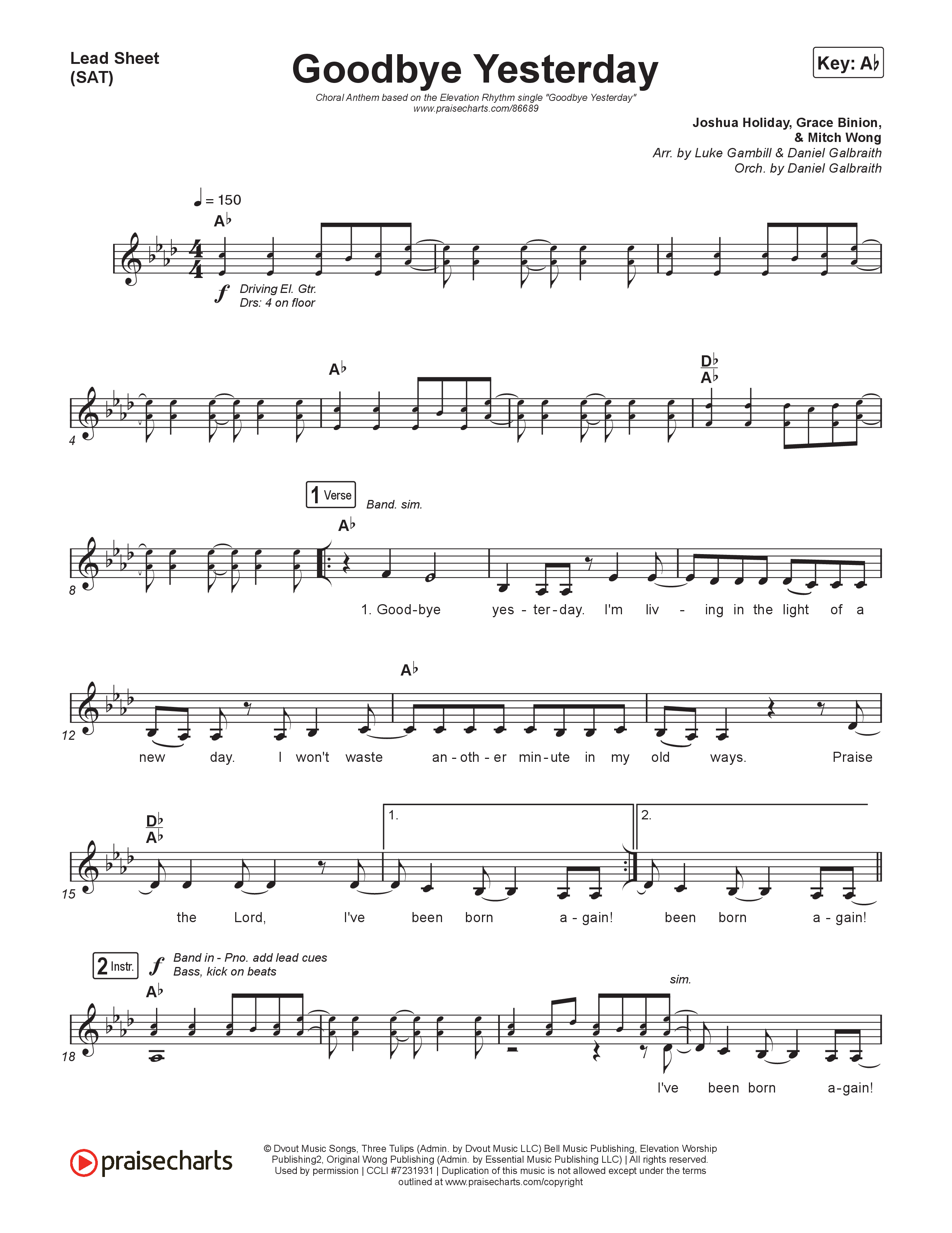 Goodbye Yesterday (Choral Anthem SATB) Lead Sheet (SAT) (ELEVATION RHYTHM / Arr. Luke Gambill)