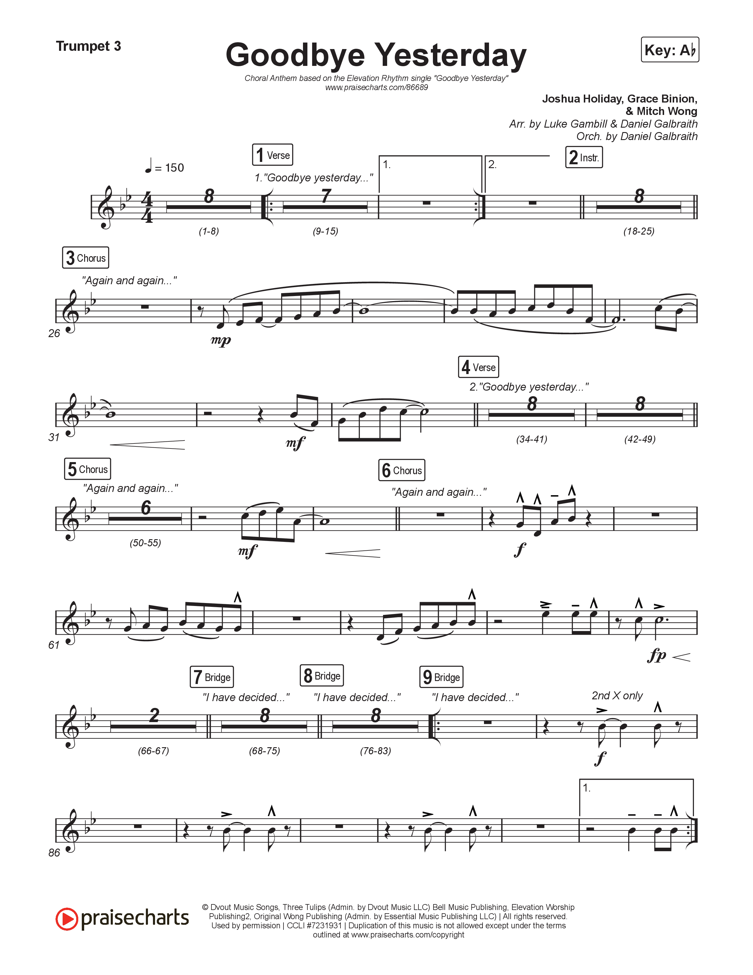 Goodbye Yesterday (Choral Anthem SATB) Trumpet 3 (ELEVATION RHYTHM / Arr. Luke Gambill)