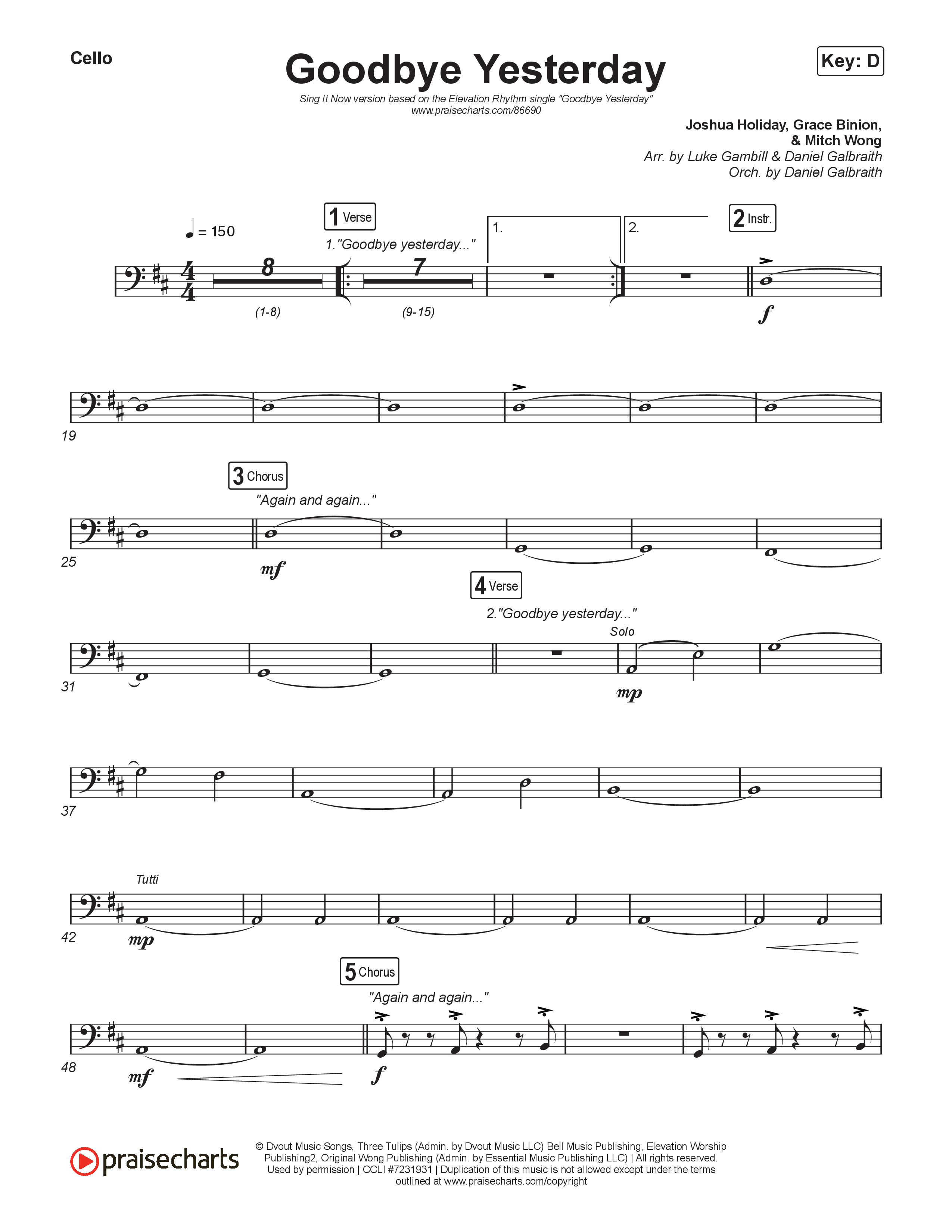 Goodbye Yesterday (Sing It Now) Cello (ELEVATION RHYTHM / Arr. Luke Gambill)