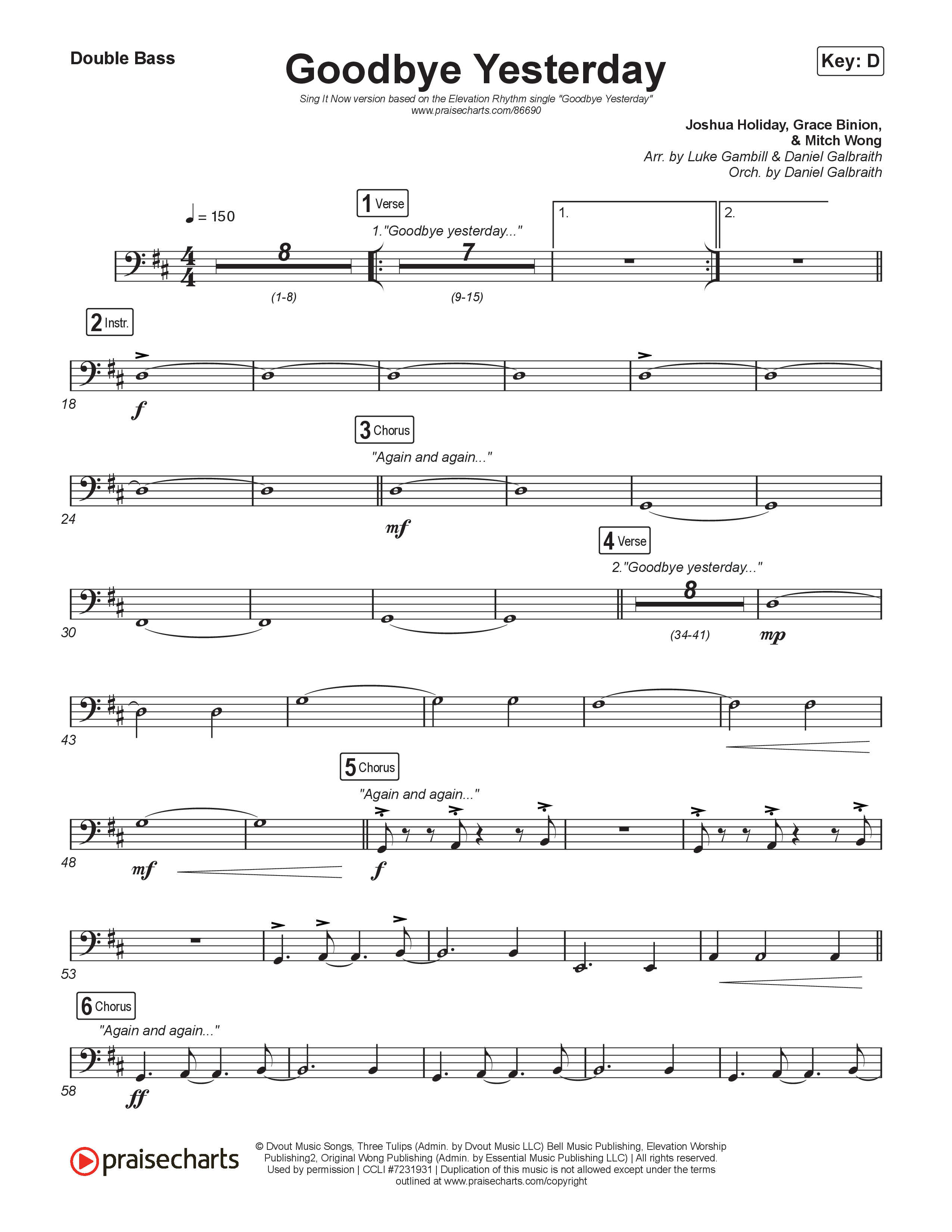 Goodbye Yesterday (Sing It Now) Double Bass (ELEVATION RHYTHM / Arr. Luke Gambill)