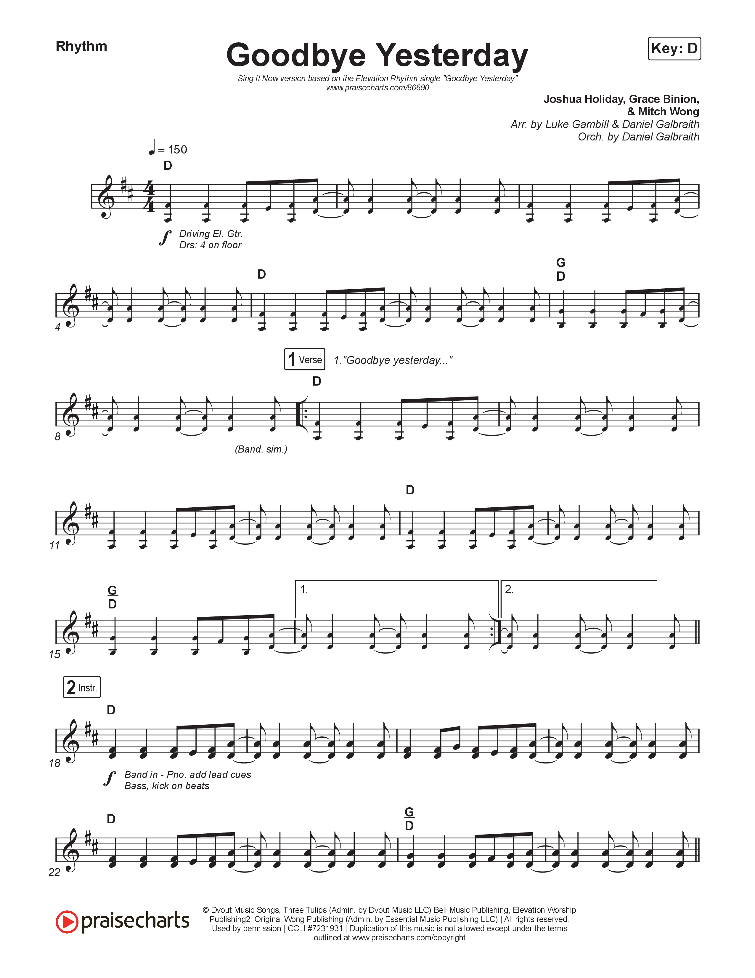 Goodbye Yesterday (Sing It Now) Rhythm Chart (ELEVATION RHYTHM / Arr. Luke Gambill)