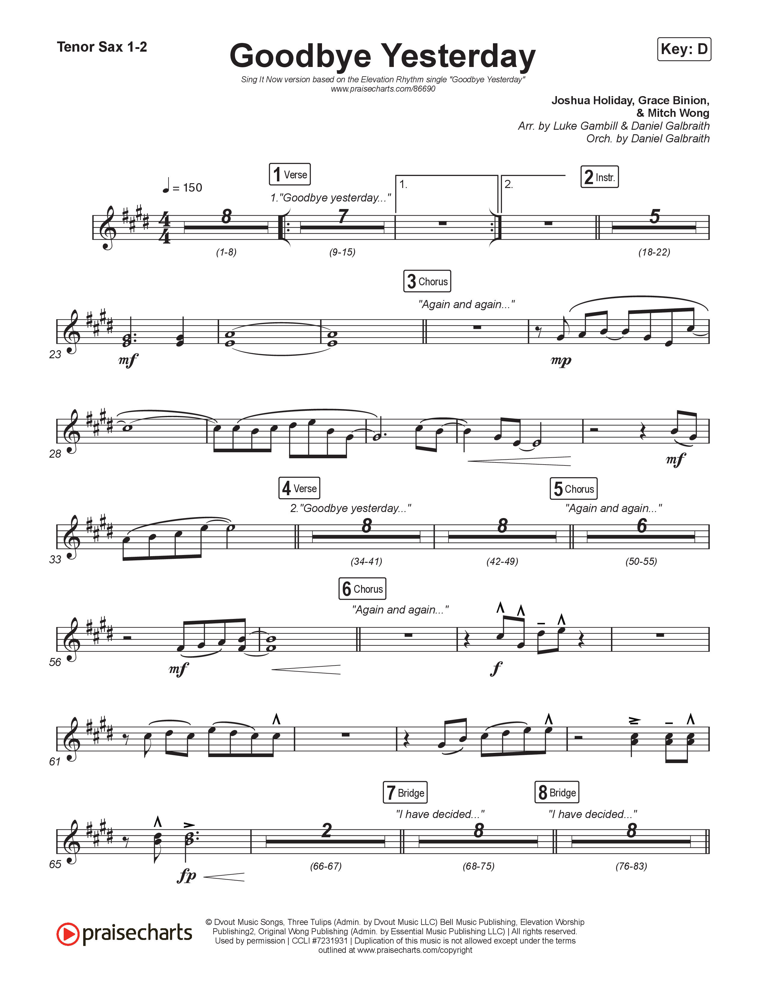 Goodbye Yesterday (Sing It Now) Tenor Sax 1/2 (ELEVATION RHYTHM / Arr. Luke Gambill)
