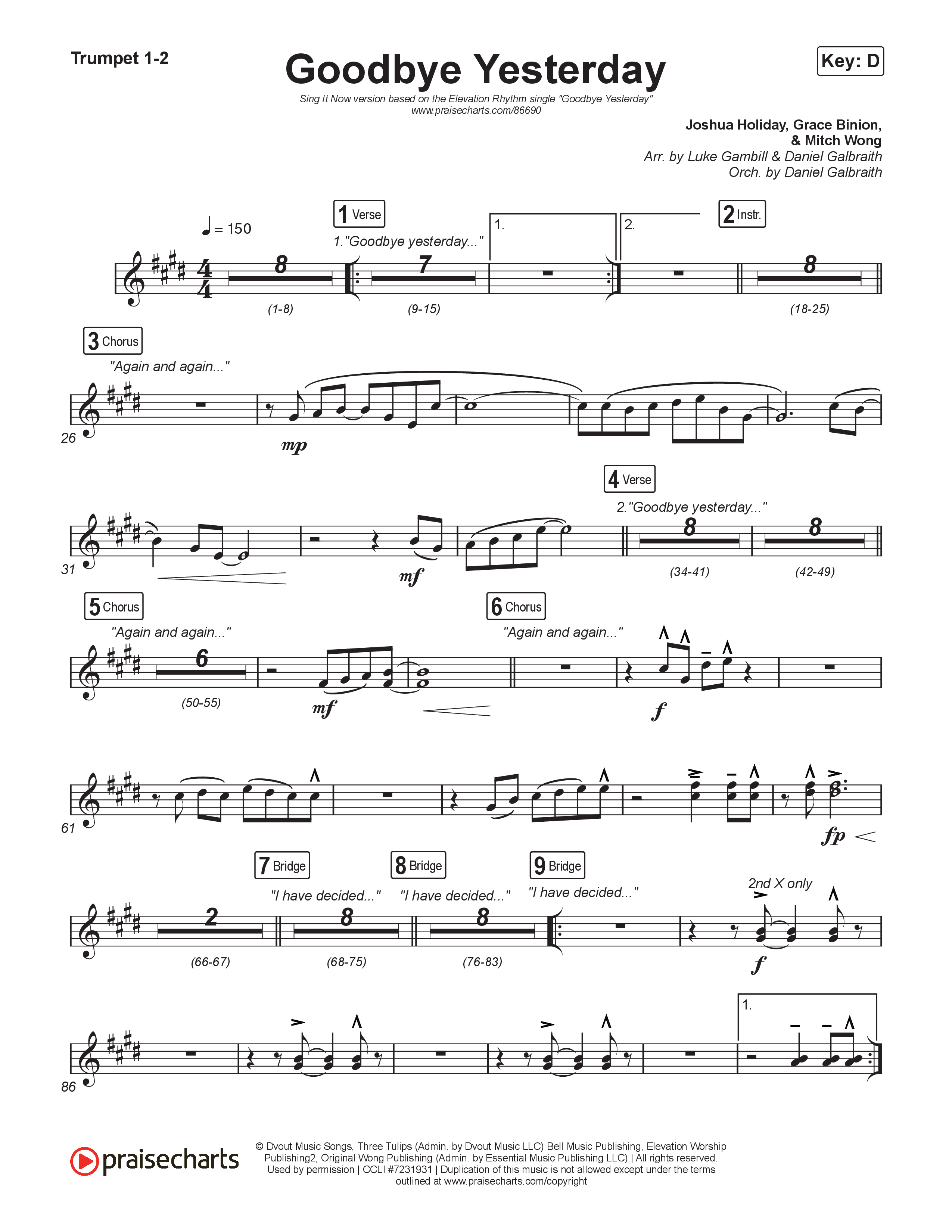 Goodbye Yesterday (Sing It Now) Trumpet 1,2 (ELEVATION RHYTHM / Arr. Luke Gambill)