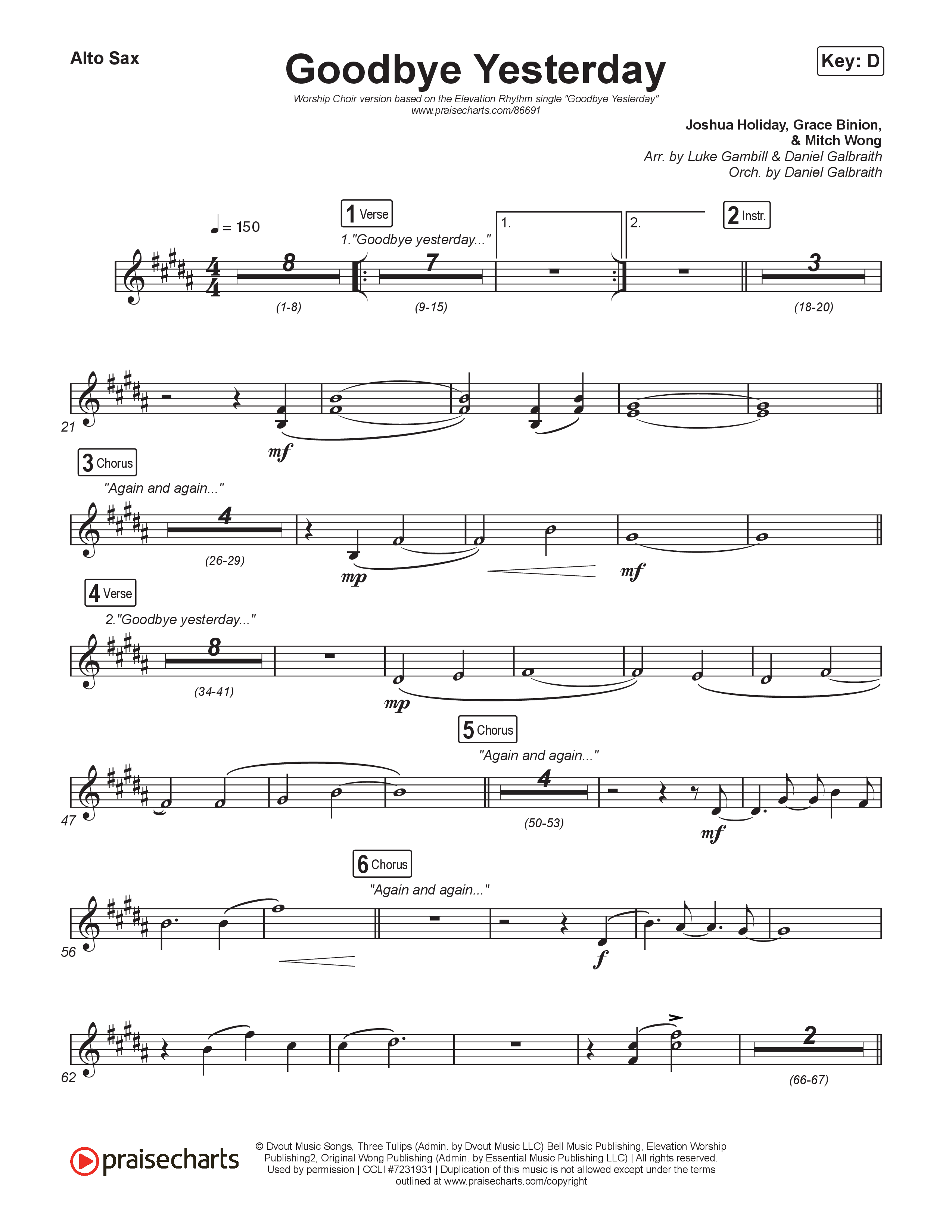 Goodbye Yesterday (Worship Choir/SAB) Sax Pack (ELEVATION RHYTHM / Arr. Luke Gambill)