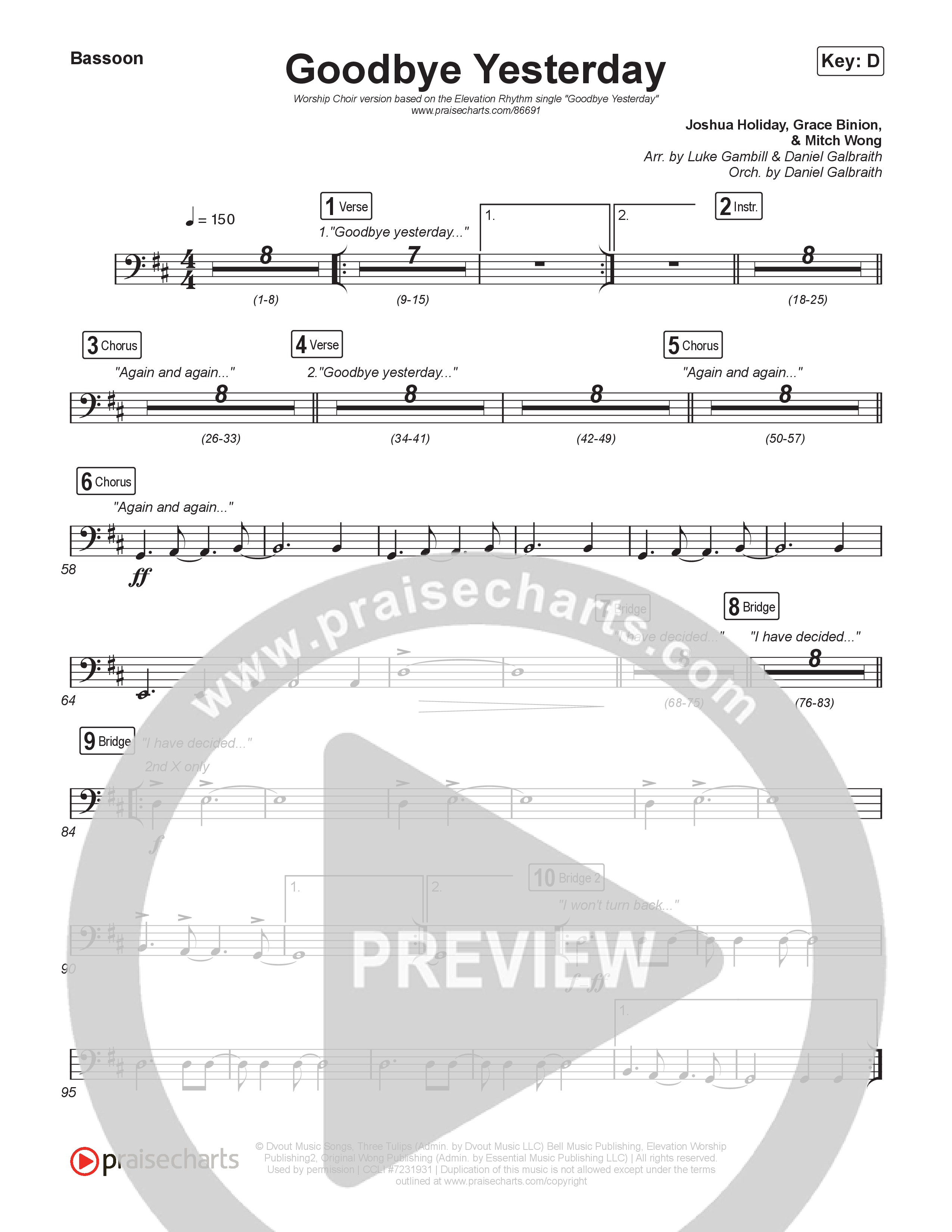 Goodbye Yesterday (Worship Choir/SAB) Bassoon (ELEVATION RHYTHM / Arr. Luke Gambill)